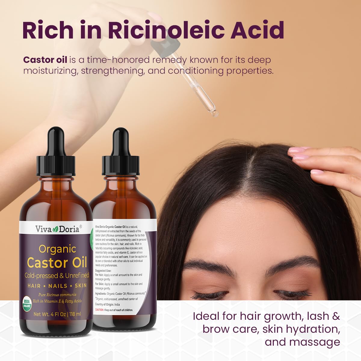 Viva Doria Organic Castor Oil, 4 Fl Oz | Virgin, Cold Pressed, Hexane-Free, Vegan | Nourishing Hair & Skin Care | Eyelash & Brow Serum | Glass Bottle Beauty & Personal Care Viva Doria