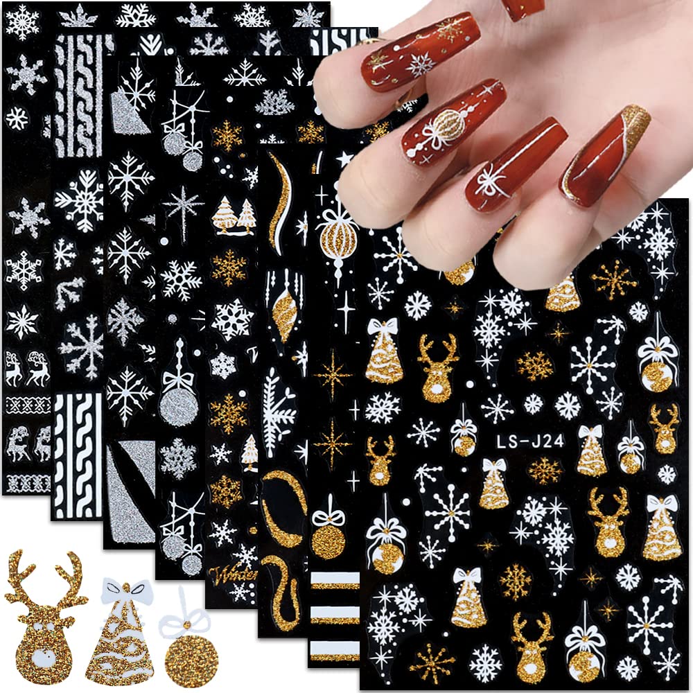Christmas Nail Art Stickers, Snowflake Nail Decals 3D Self-Adhesive Gold Silver White Snowflake Elk Bell Xmas Tree Winter Nail Design DIY Christmas Beauty & Personal Care Qdsuh