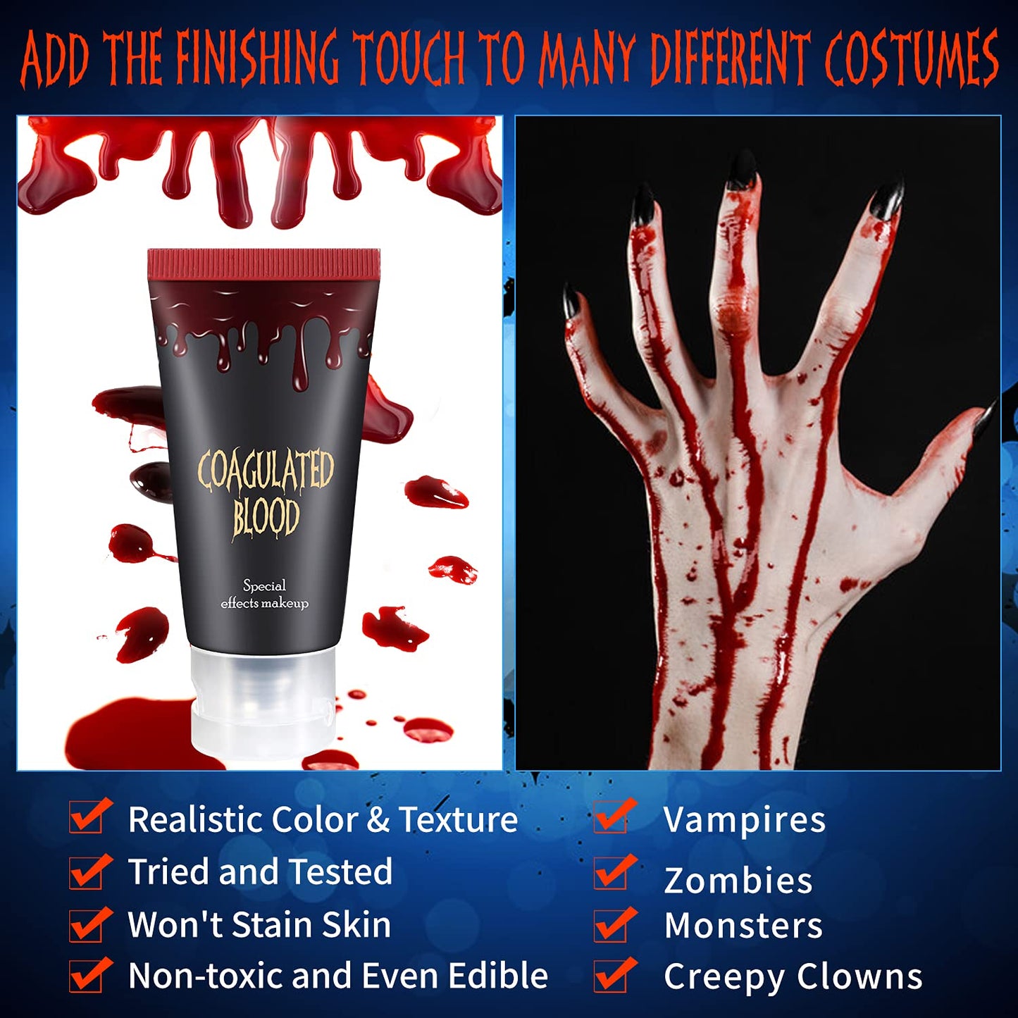 DE'LANCI Edible Fake Blood Gel, Realistic Sfx Fake Blood Makeup Kit, Washable fake blood for Clothes Mouth Eyes, Special Effects Makeup Kit Beauty & Personal Care BEUSELF