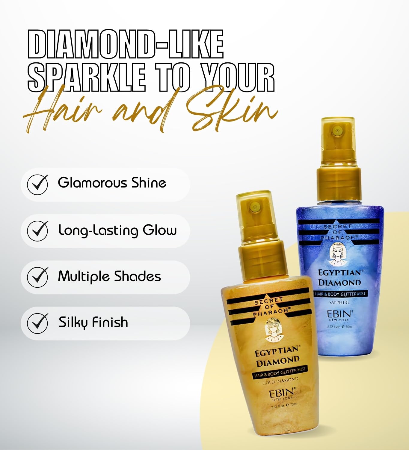 Shiny Glitter Spray for Hair & Body - Secret of Pharaoh Egyptian Diamond Gold Bundle with Sapphire Glitter Mist 2.37 Fl Oz by EBIN NEW YORK - Travel Beauty & Personal Care EBIN NEW YORK