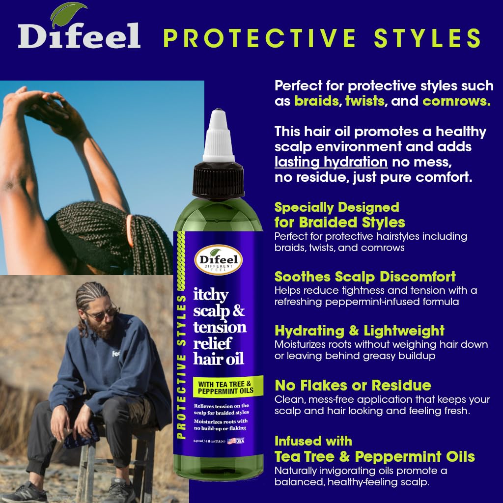 Difeel Itchy Scalp & Tension Relief Hair Oil with Tea Tree & Peppermint Oils for Braided Styles 8 oz. Beauty & Personal Care Difeel