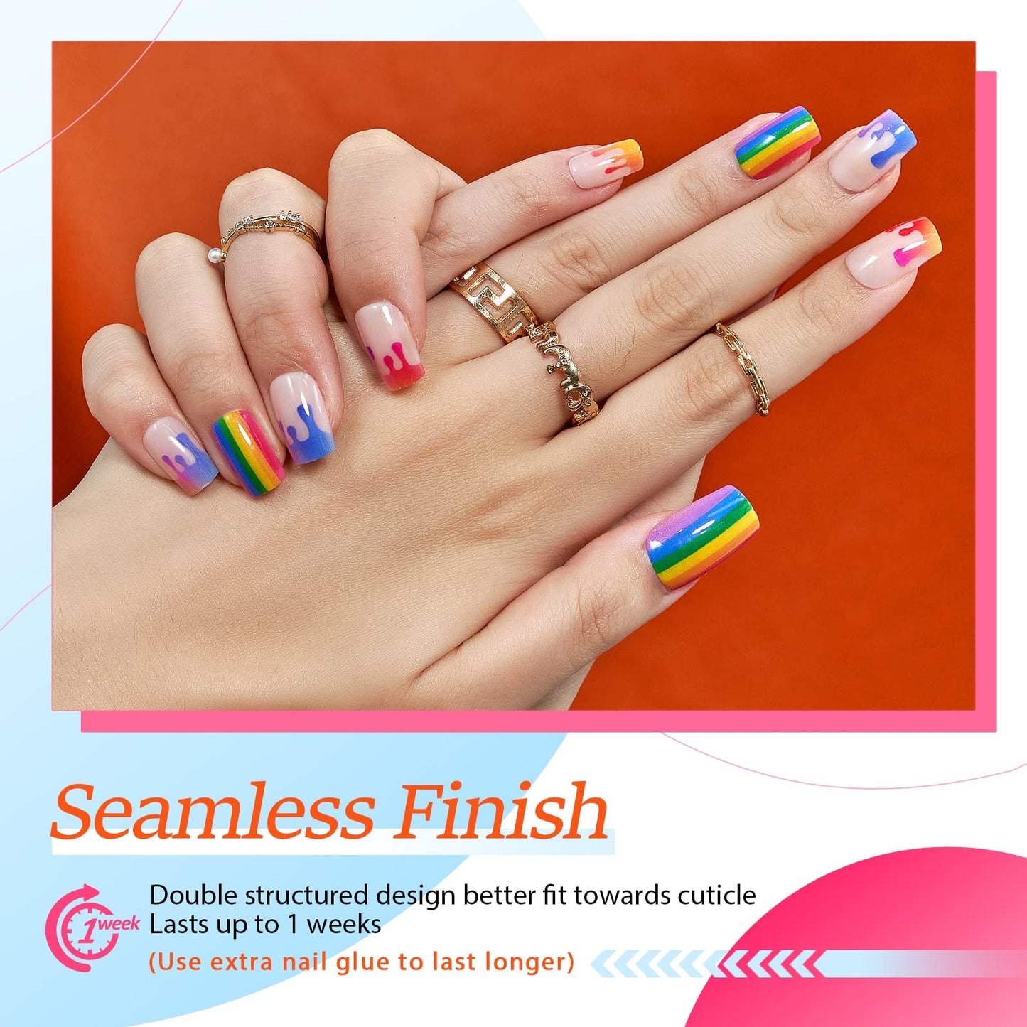GLAMERMAID Rainbow Press on Nails Medium Square, Paint Color Ombre Nude Gel False Nals with Design, Colorful Glue on Nails Kit for Women, Colorful Beauty & Personal Care GLAMERMAID