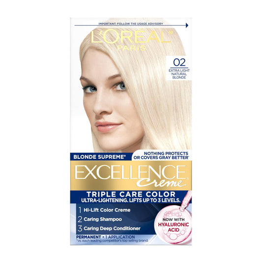 L'Oreal Paris Excellence Crème Permanent Hair Dye, Triple Care Hair Color with Pro-Keratine Complex for 100% Gray Hair Coverage, 02 Extra Light Beauty & Personal Care L'Oreal Paris