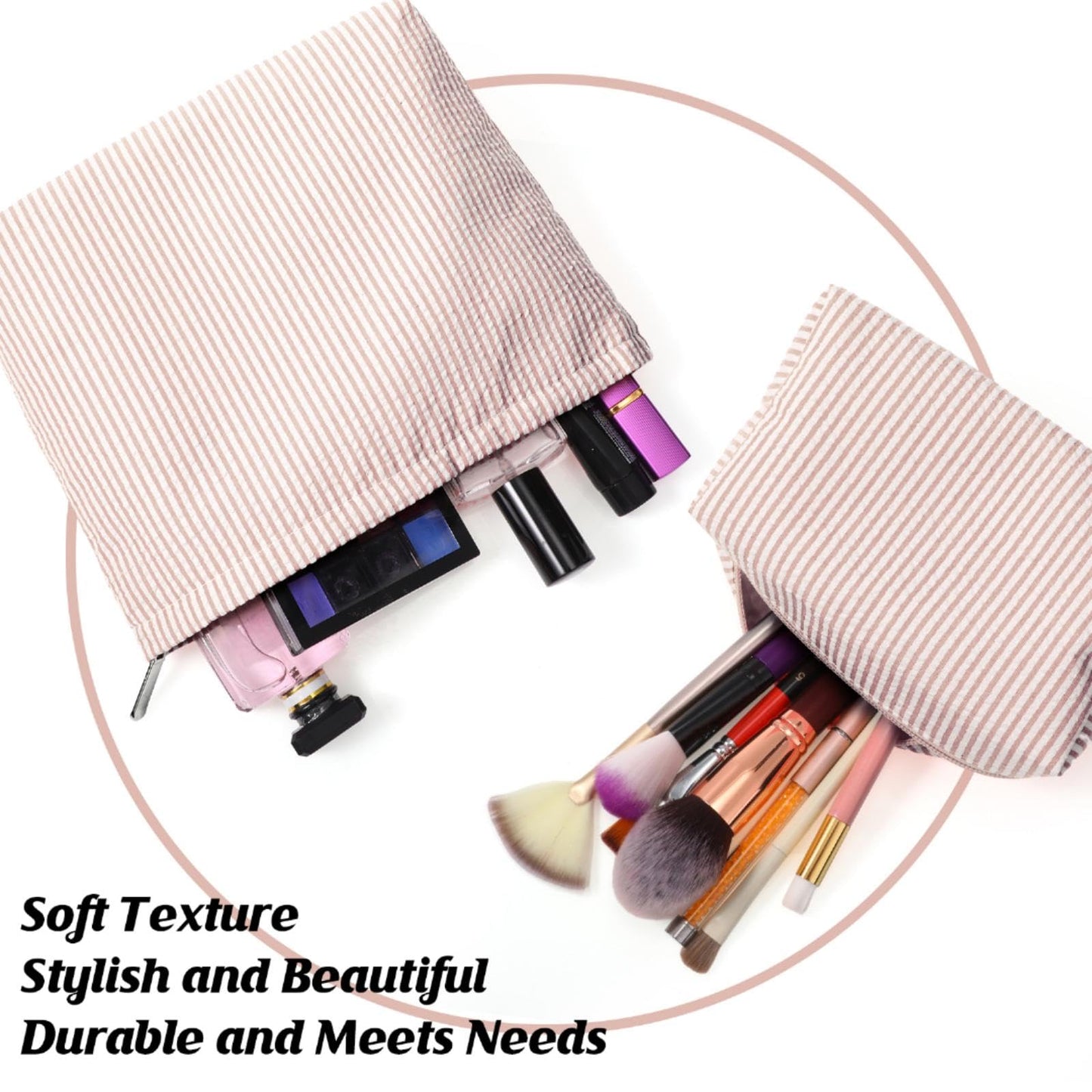 Huhumy 2 Pcs Makeup Bag Set Cute Cosmetic Pouch for Women Seersucker Travel Toiletry Bag Preppy Small Makeup Purse Pouch Aesthetic Skincare Brushes Beauty and Personal Care Huhumy