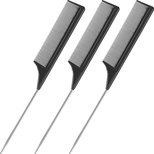 Leinuosen 3 Packs Rat Tail Comb Steel Pin Rat Tail Carbon Fiber Heat Resistant Teasing Combs with Stainless Steel Pintail (Black) Beauty and Personal Care Leinuosen Default Title