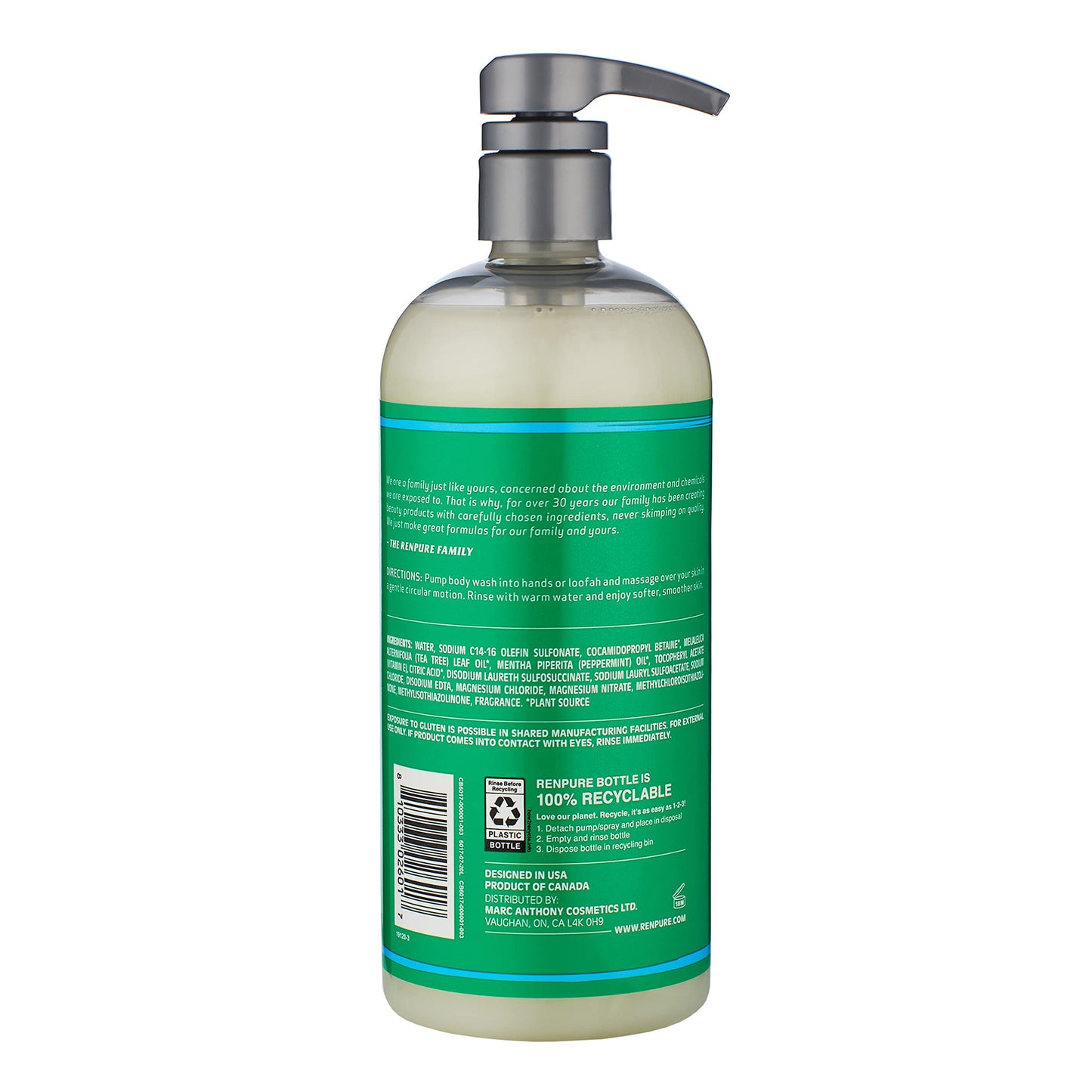 Renpure Original Tea Tree Essential Oil & Peppermint Moisturizing Body Wash With Pump - for Dry Sensitive Skin & Decongest Pores - Sulfate Free Body Beauty & Personal Care RENPURE