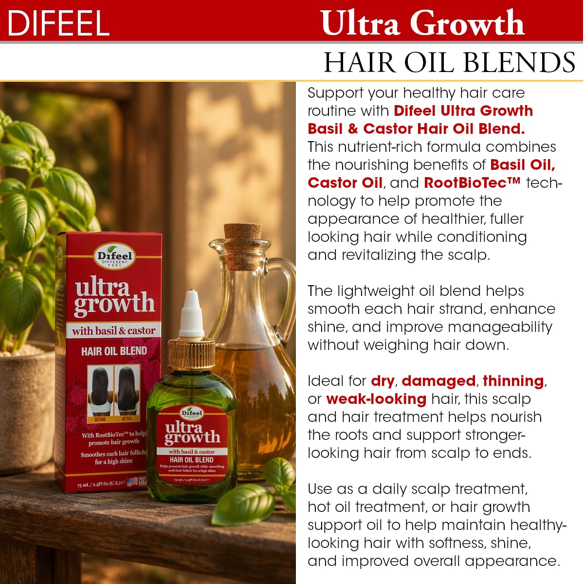 Difeel Ultra Growth Basil & Castor Hair Oil Blend - Travel Size 2.5 ounce (2-PACK)