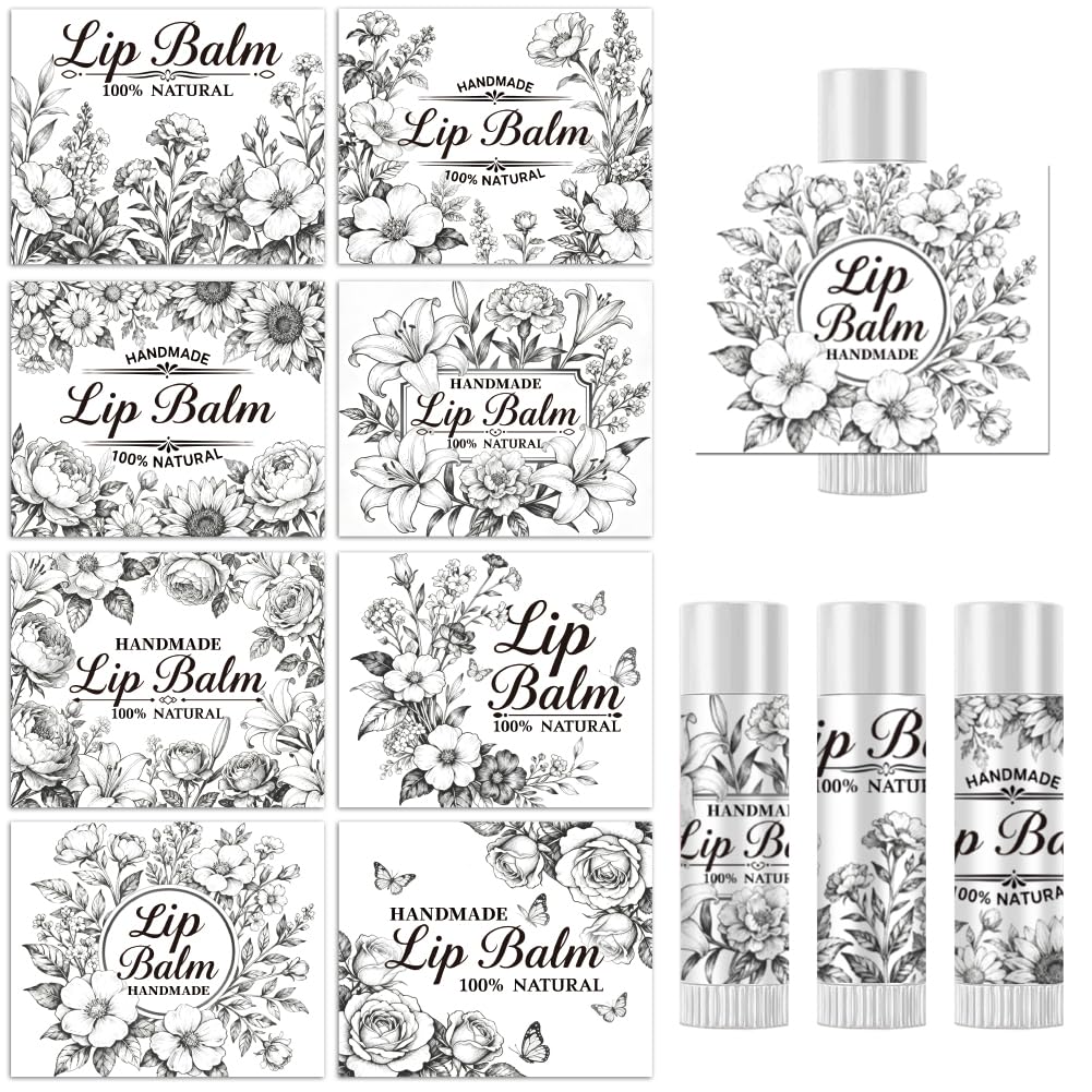 Peacoblue 160Pcs Lip Balm Labels Sticker for Tubes 2.1"x1.7" Black and White Flowers, 8 Styles Waterproof Chapstick Labels Glossy for Homemade Lip Beauty and Personal Care peacoblue