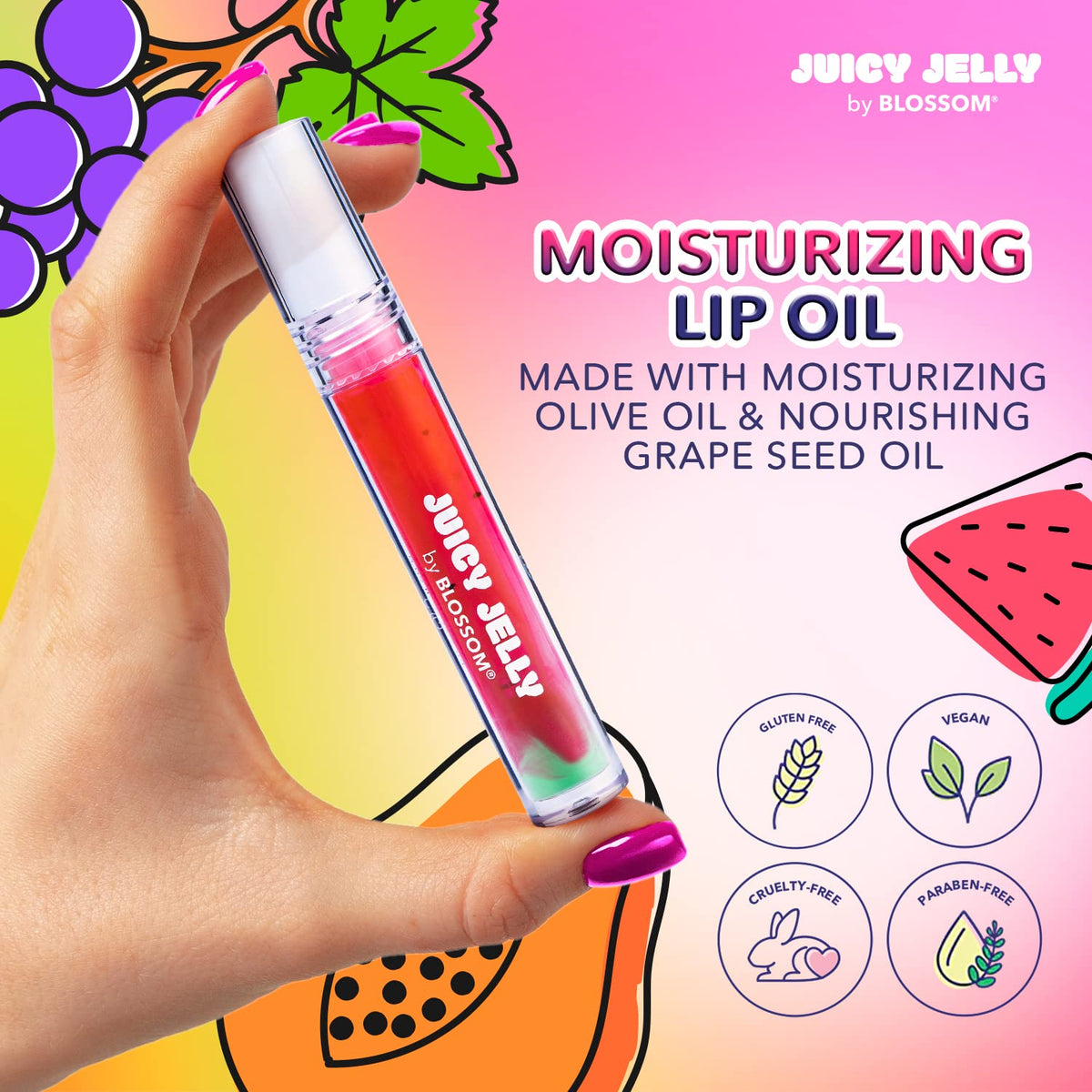 Blossom Lip Gloss Juicy Jelly Moisturizing Fruit Flavored Nourishing High Shine Lip Oil with Doe Foot Wand Applicator, 0.09oz, Watermelon Beauty & Personal Care Blossom