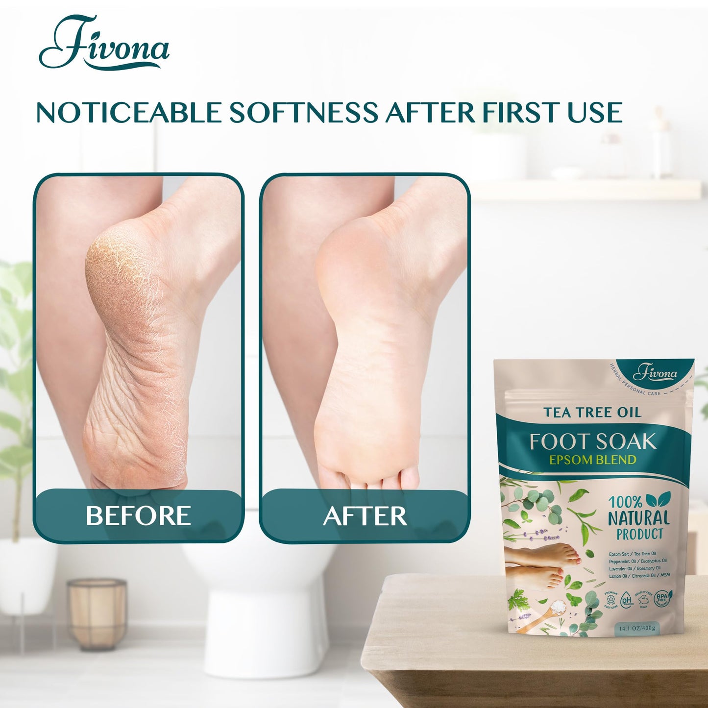 Fivona Tea Tree Foot Soak Blend 14.1 oz - Epsom Salt with Essential Oils for Healthy Toenails, Soothing Relief, Callus Softening - Pedicure Therapy Beauty and Personal Care FIVONA