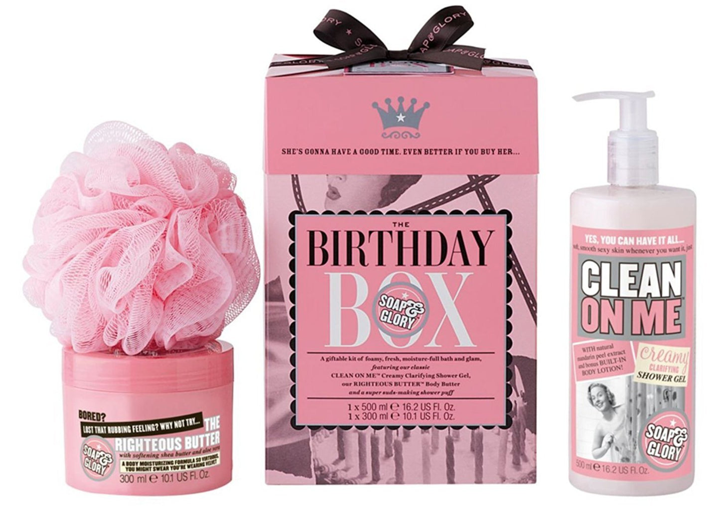 Soap & Glory The Birthday Box - Clean On Me Shower Gel, The Righteous Butter Body Butter with Shea Butter & Shower Puff - Rose & Bergamont Scented Beauty & Personal Care Soap & Glory