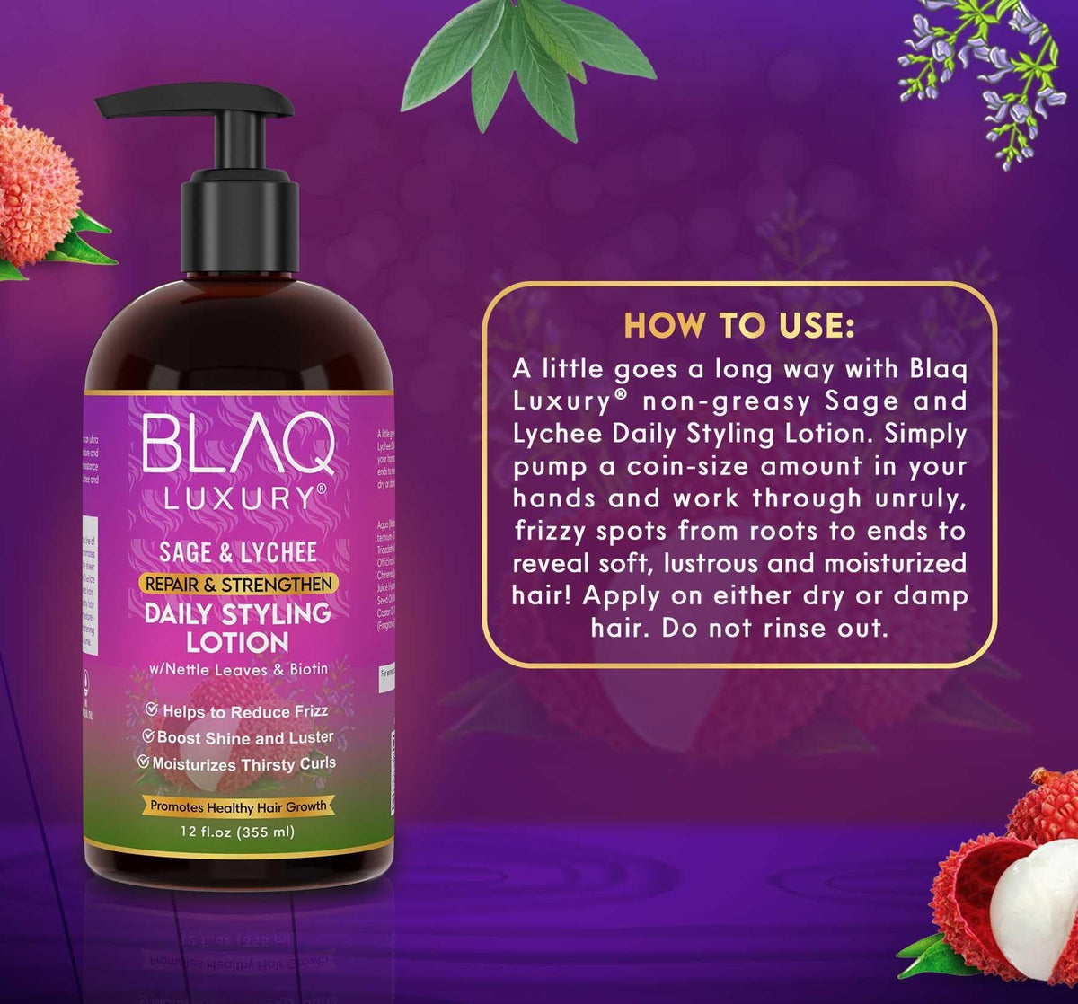 Blaq Luxury Sage & Lychee Daily Styling Lotion - Formula for Easy Styling and Frizz Control - Infused with Biotin and Natural Botanicals - Promotes Beauty & Personal Care Blaq Luxury