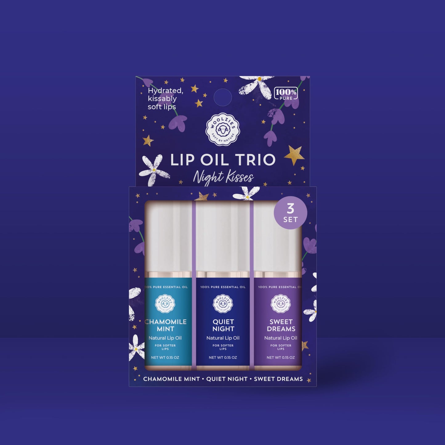 Woolzies All-Natural Lip Oils - Flavored Assortments - Moisturizing with Beautiful Tints Set of 3 (3 Pack, Night Kisses) Beauty and Personal Care Woolzies