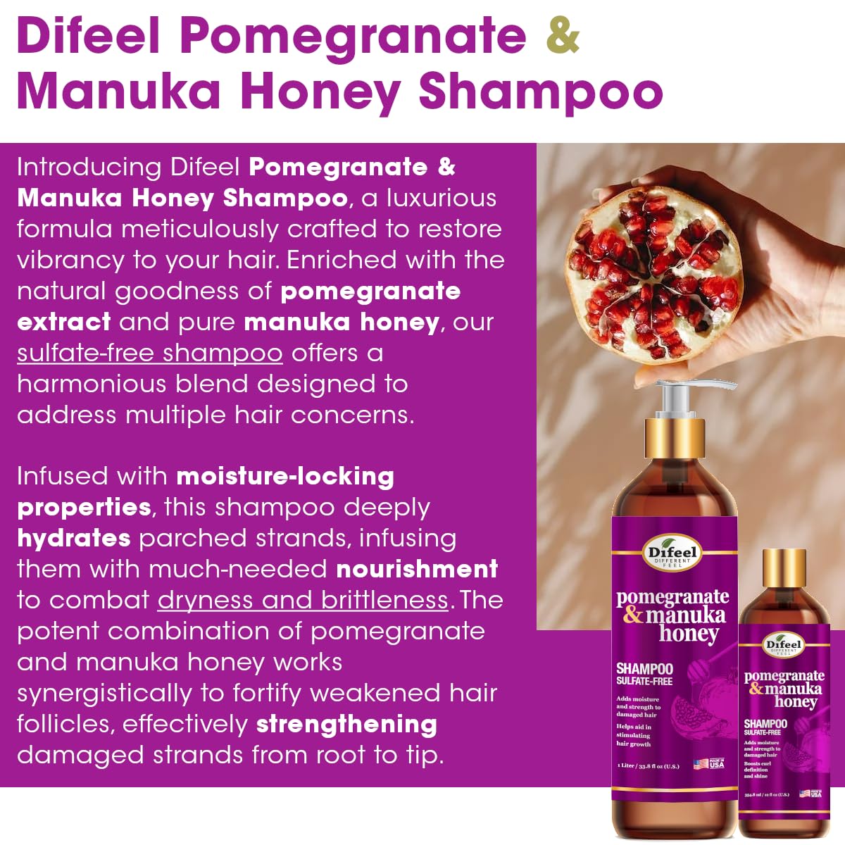 Difeel Pomegranate & Manuka Honey Sulfate-Free Shampoo 33.8 oz. - Strengthens & Moisturizes Damaged Hair