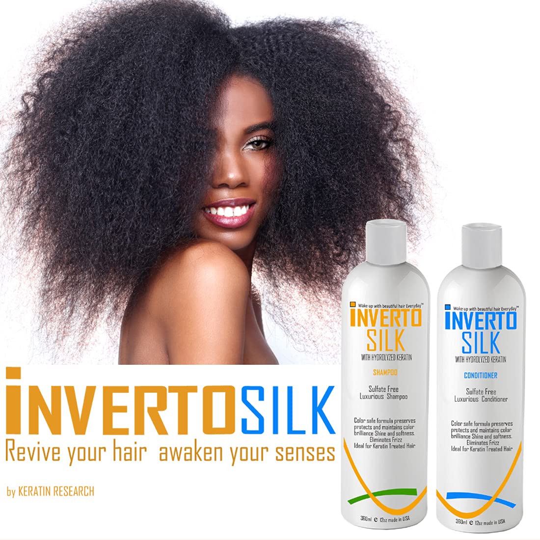 Keratin Shampoo Set For Frizzy Damaged And Color Treated hair INVERTO SILK Luxurious Sulfate Free Shampoo and Conditioner Two Bottles Value Set 2 x Beauty & Personal Care INVERTO REVOLUTION