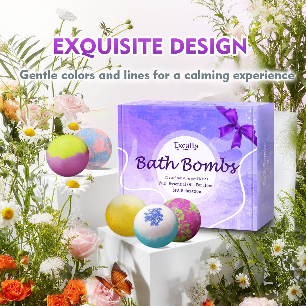 Bath Bombs for Women, 20 Pcs Handmade Bubble Bathbombs Gift Set, Shea & Coco Butter Dry Skin Moisturize, SPA Relaxing Gifts for Women & Men, Her Beauty and Personal Care Excalla