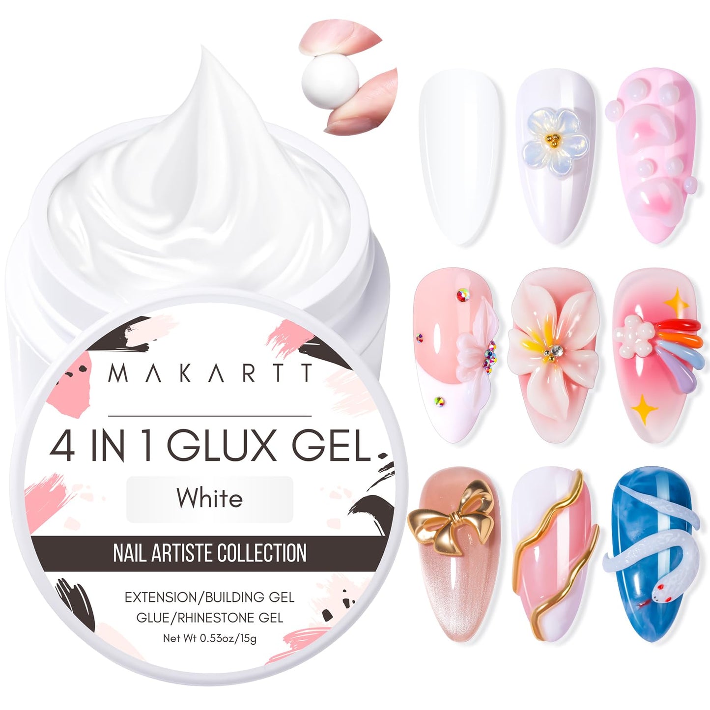 Makartt White 3d Gel Nail Art: 4-in-1 3d Nail Gel Sculpting Gels White Non-sticky for Extension, Shaping, 15ML Solid Builder Nail Gel for Nail Beauty and Personal Care Makartt Default Title