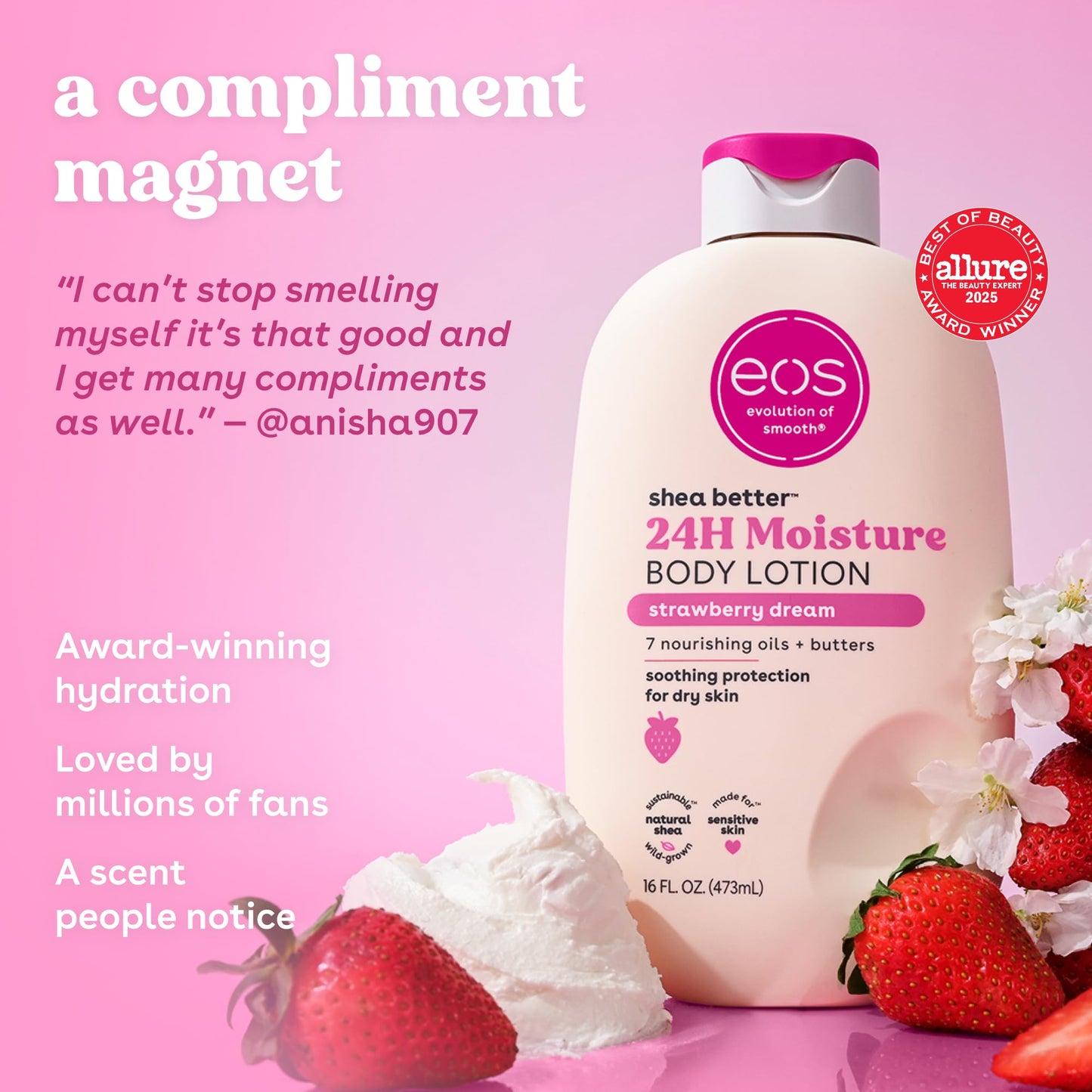 eos Shea Better Body Lotion Strawberry Dream, 24-Hour Moisture Skin Care, Lightweight & Non-Greasy, Natural Shea, Vegan, Strawberry Body Lotion, 16 fl Beauty & Personal Care eos