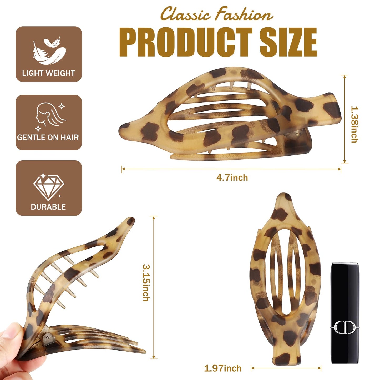 CHANDAT Flat Hair Clip 6 pcs Lay Down Claw Clips Hair Accessories for Women Styling-Leopard Beauty and Personal Care CHANDAT
