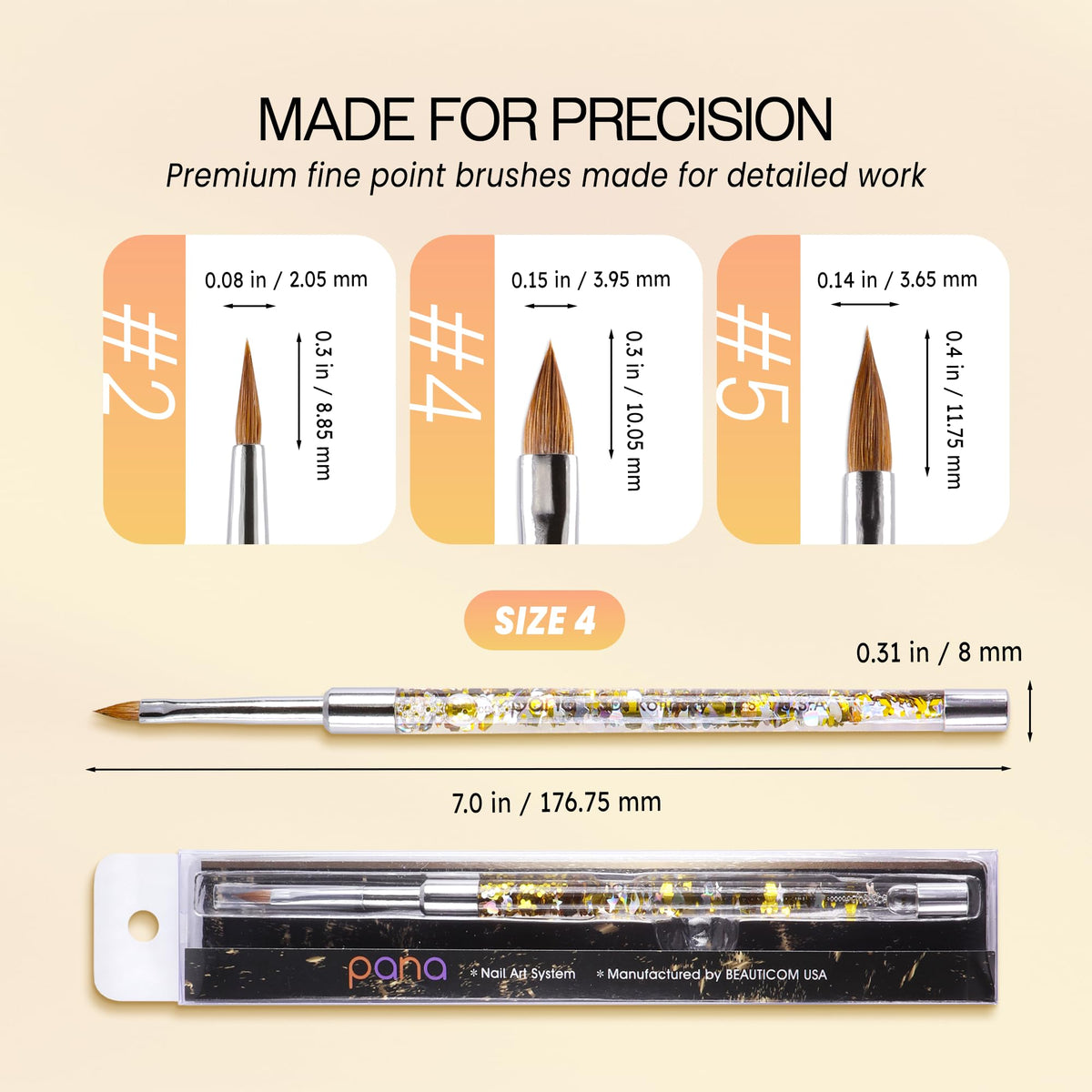 PANA 3D Kolinsky Nail Art Brush - Gold Glitter Handle, Size 4 - Acrylic Nail Art Sculpture Brush for Manicures Pedicure Salon Professional or Beginner