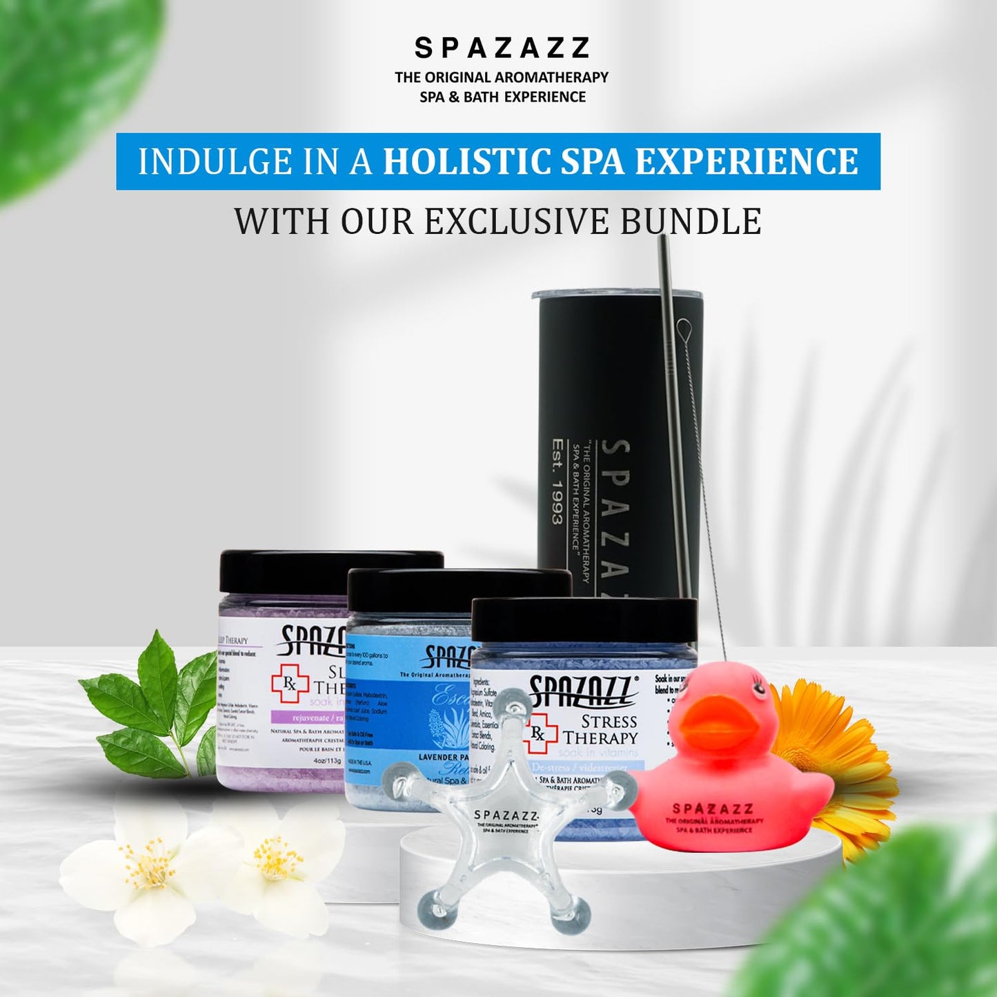 Spazazz Hot Tub Aromatherapy Spa Gift Set - Three 4 Oz Bath Salts in Sleep, Stress and Lavender Palmarosa with Tumbler, 5 Point Massager & Rubber Duck Beauty and Personal Care Spazazz