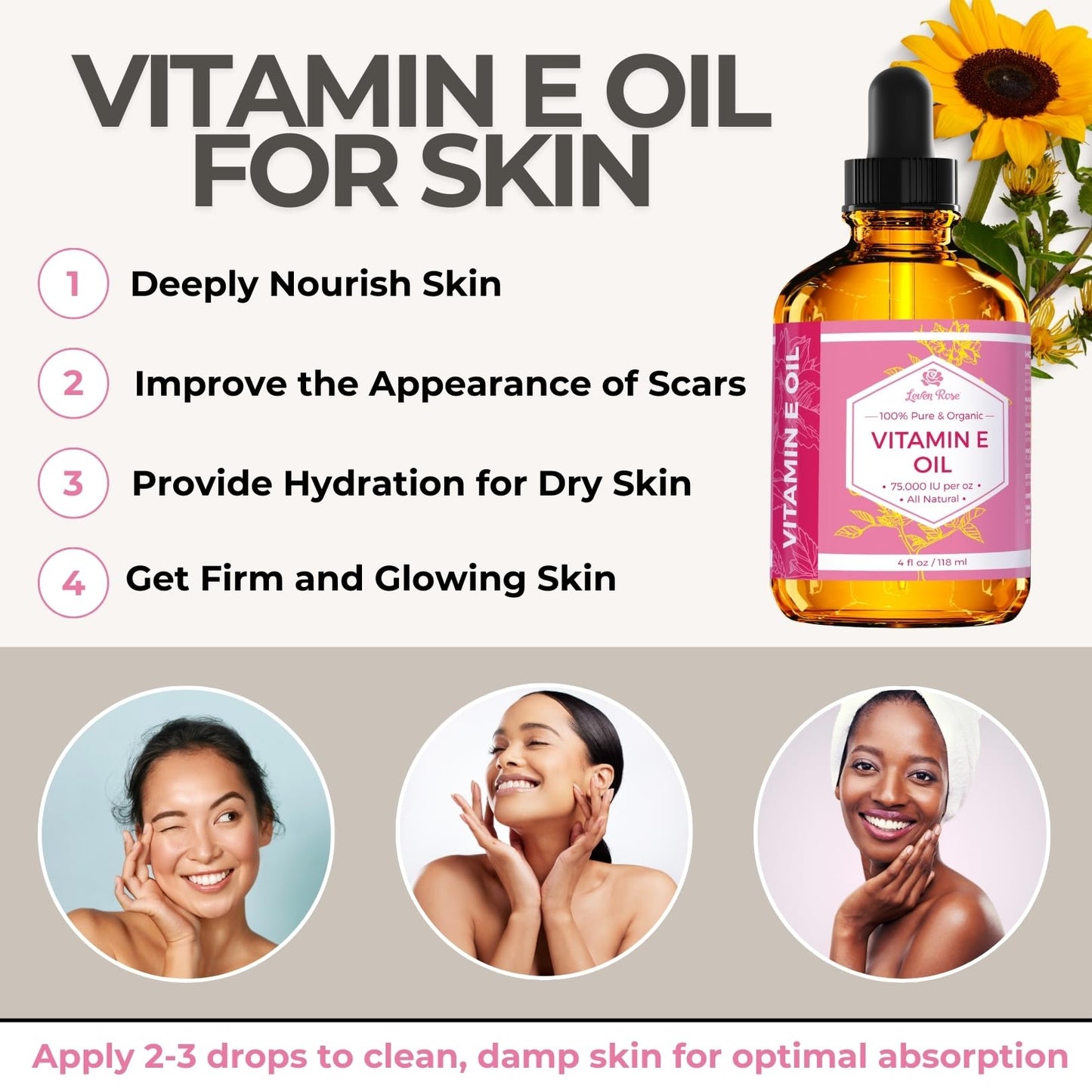 Vitamin E Oil by Leven Rose 75,000 IU per oz 100% Natural, Organic, Pure Vitamin E Oil for Skin, Face, Hair, Nails, and Scars, 4 oz Beauty & Personal Care Leven Rose