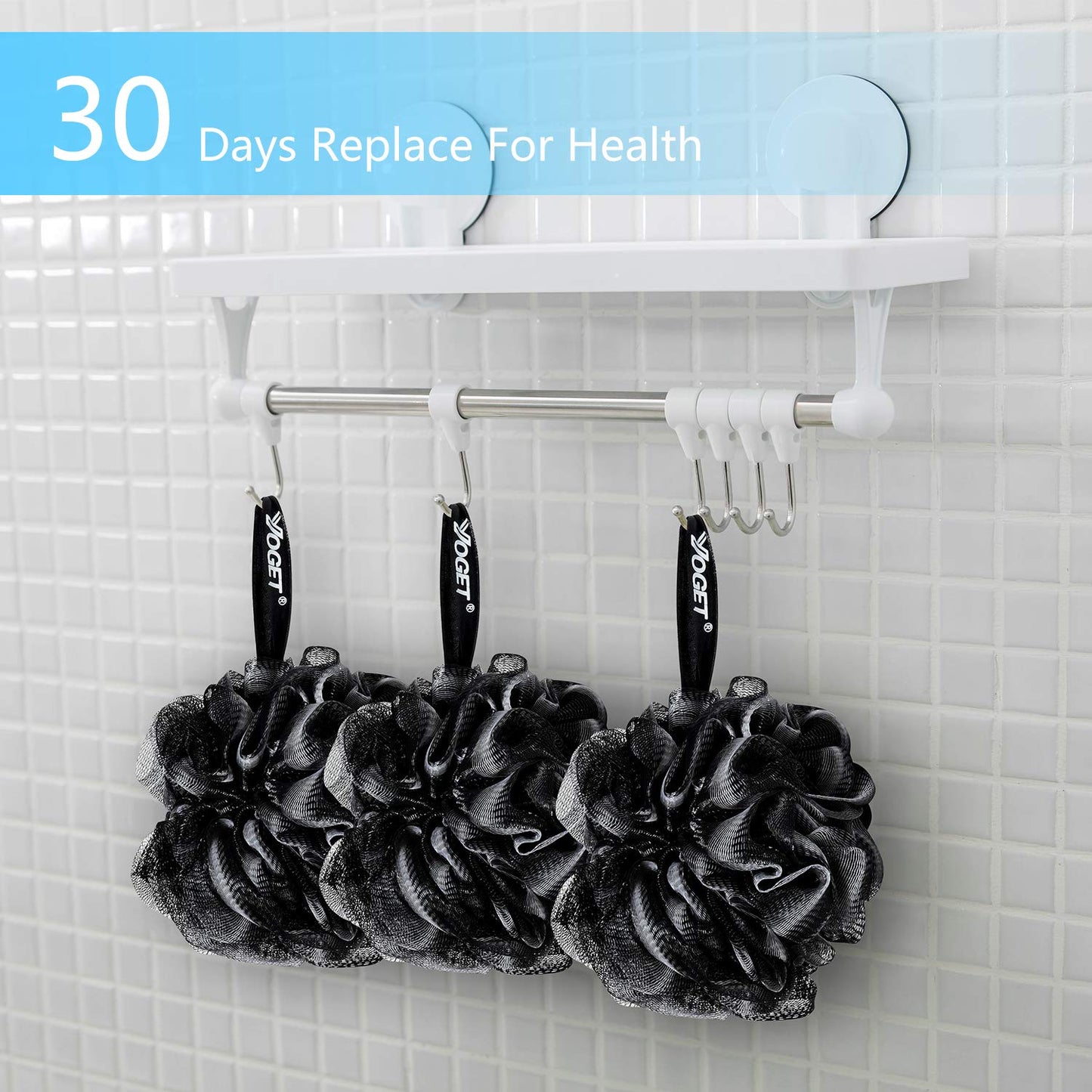 Yoget Bath Loofah Sponge, 4 Pack Black 60G Shower Mesh Ball Soft Pouf Body Scrubber, Exfoliate, Cleanse, Soothe Skin, Black Loofah with White Trim Beauty & Personal Care YOGET