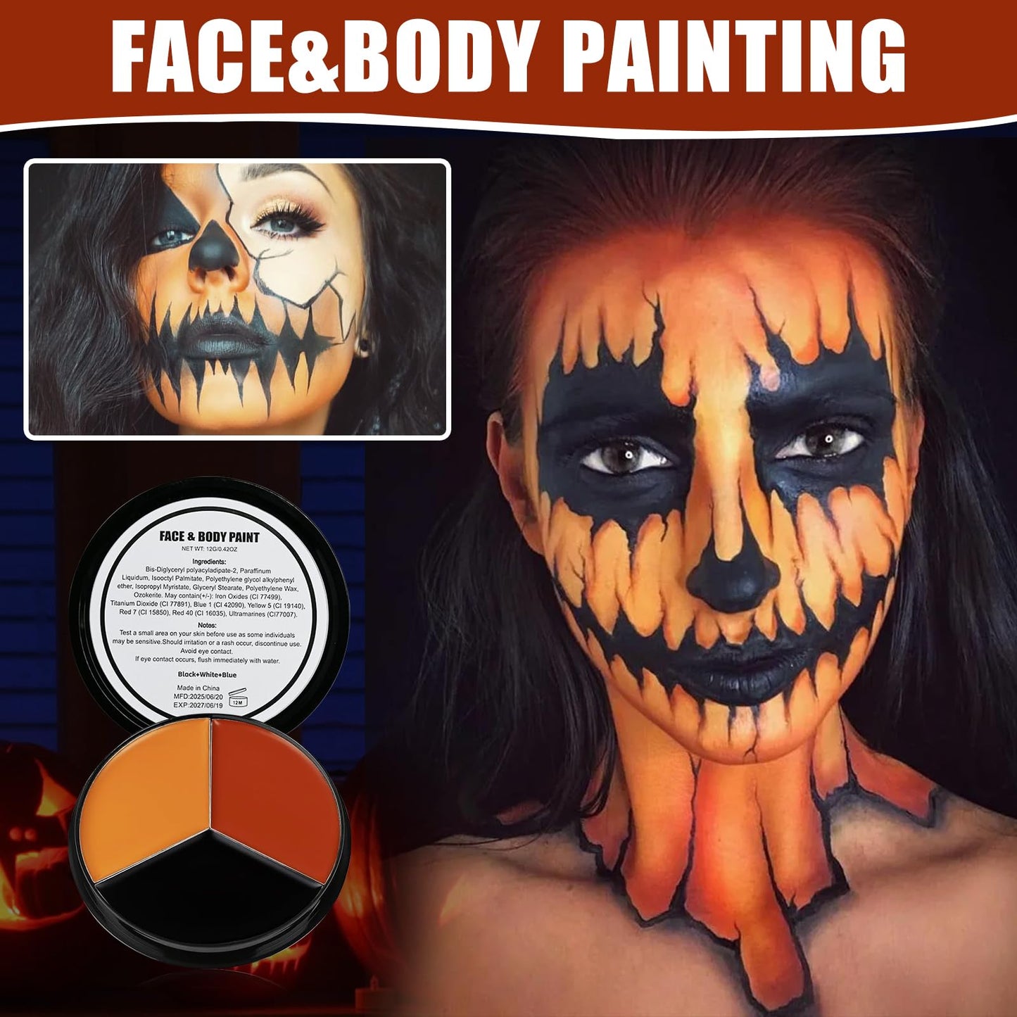 VPCRT6 Black Red Orange Face Body Paint, with 3PCS Sponge and 1PC Brush, Face Painting Kit with Applicator for Halloween Makeup, Pumpkin Cosplay Beauty & Personal Care VPCRT6