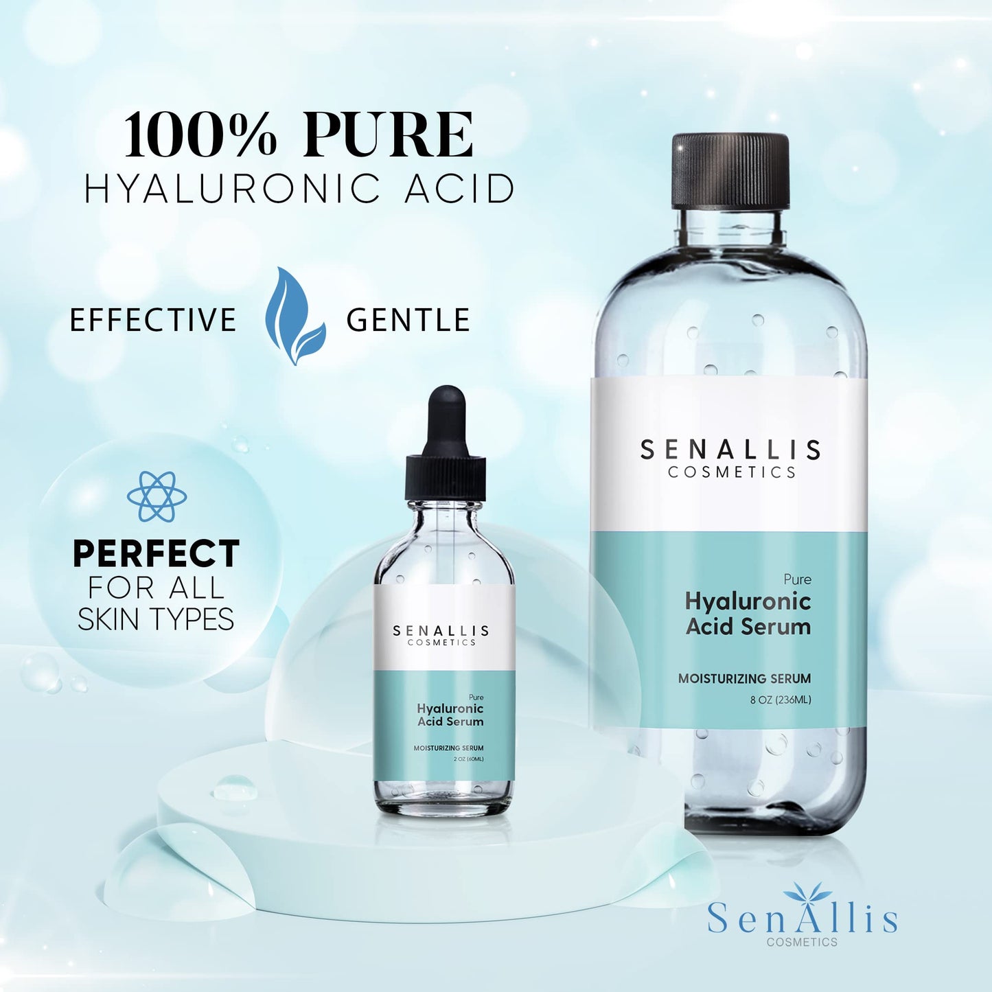 Hyaluronic Acid Serum 8 fl oz And 2 fl oz, Made From Pure Hyaluronic Acid, Anti Aging/Wrinkle, Ultra-Hydrating Moisturizer That Reduces Dry Skin Beauty & Personal Care SenAllis Cosmetics