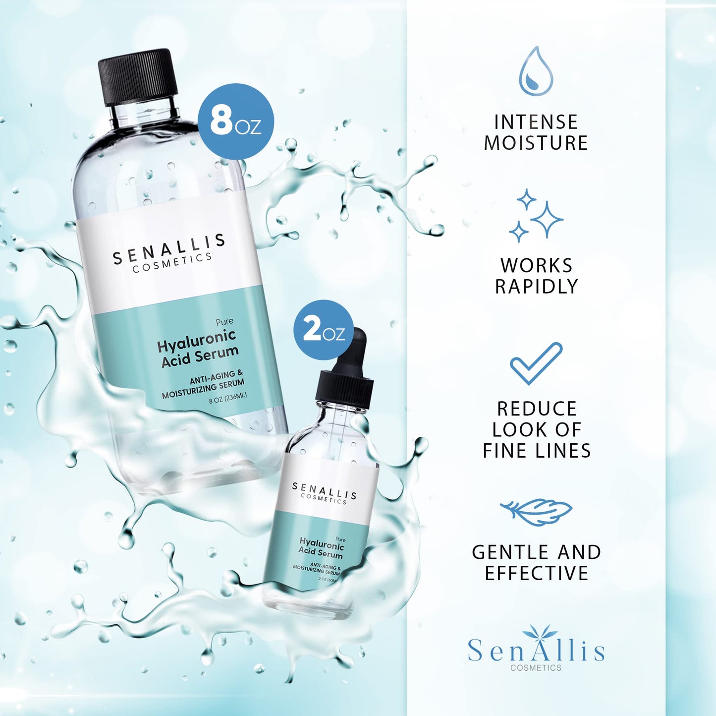 Hyaluronic Acid Serum 8 fl oz And 2 fl oz, Made From Pure Hyaluronic Acid, Anti Aging/Wrinkle, Ultra-Hydrating Moisturizer That Reduces Dry Skin Beauty & Personal Care SenAllis Cosmetics