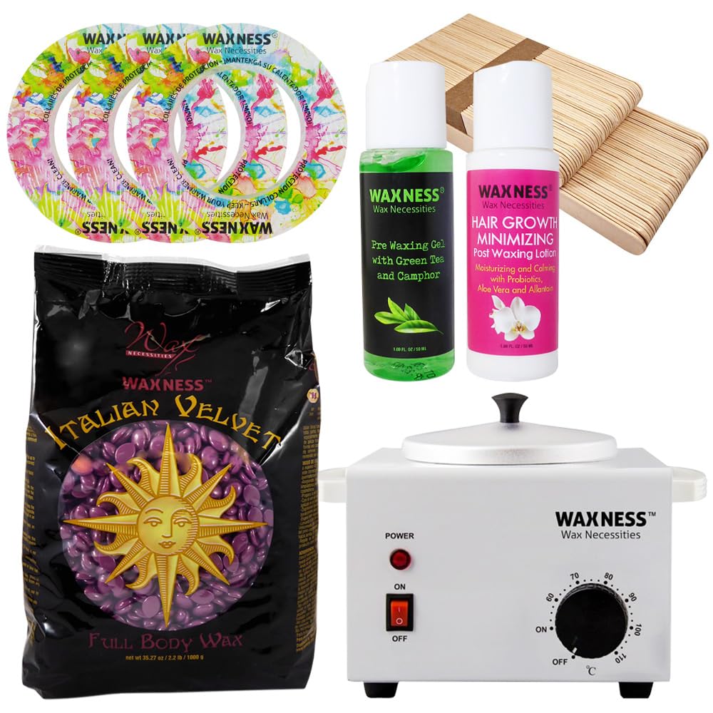 Waxness Italian Velvet Stripless Waxing Kit - Hard Wax Beads pack, Wax Warmer, Spatulas, Pre Waxing Gel & Post Waxing Lotion - Professional Use - Made Beauty and Personal Care Waxness