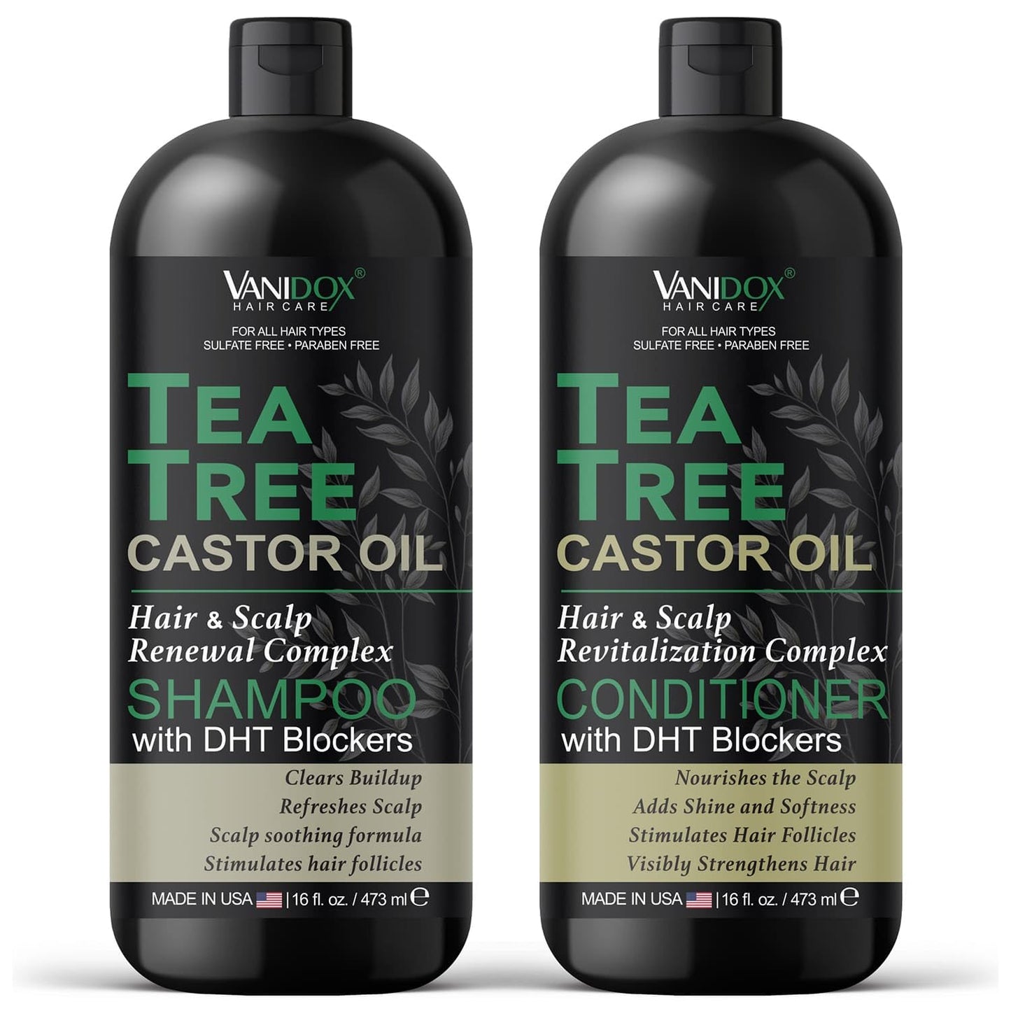 Tea Tree Oil Shampoo and Conditioner Set with Castor Oil, DHT Blockers, Itchy Scalp Relief, Supports Fuller Hair, Cleanses Dandruff & Buildup, For Men Beauty & Personal Care VANIDOX