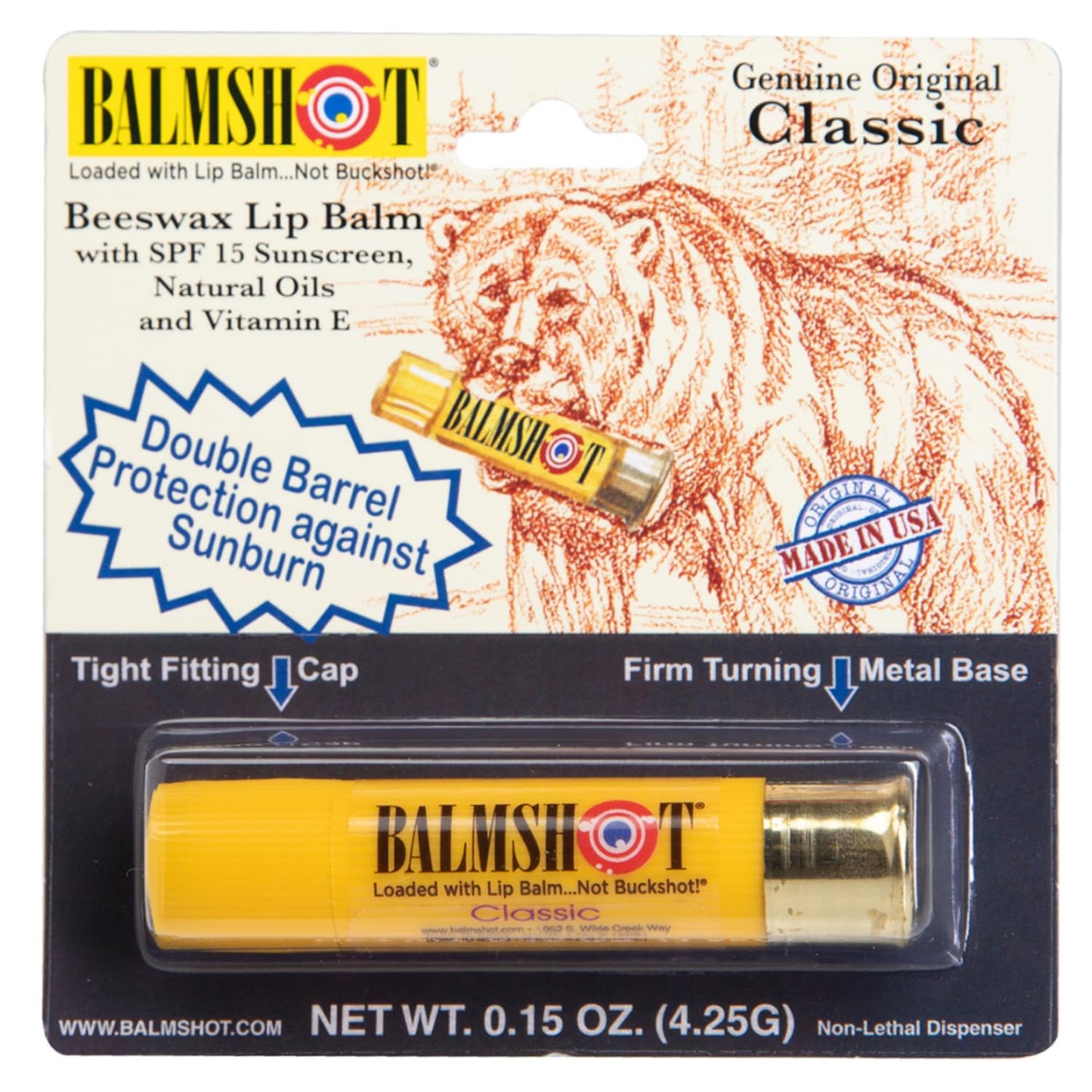 BALMSHOT Classic Natural Lip Balm SPF 15 - Beeswax Chapstick with Natural Oils & Vitamin E - 20-Gauge Shotgun Shell Brass Tube - Long Lasting, Heat Beauty & Personal Care Balmshot
