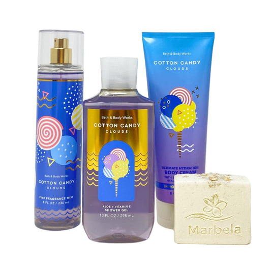 Bath & Body Works Cotton Candy Clouds 3 Piece Set - Fragrance Mist - Body Cream - Shower Gel - and a Natural Oats Bar Soap - Full Size. Beauty and Personal Care Bath & Body Works