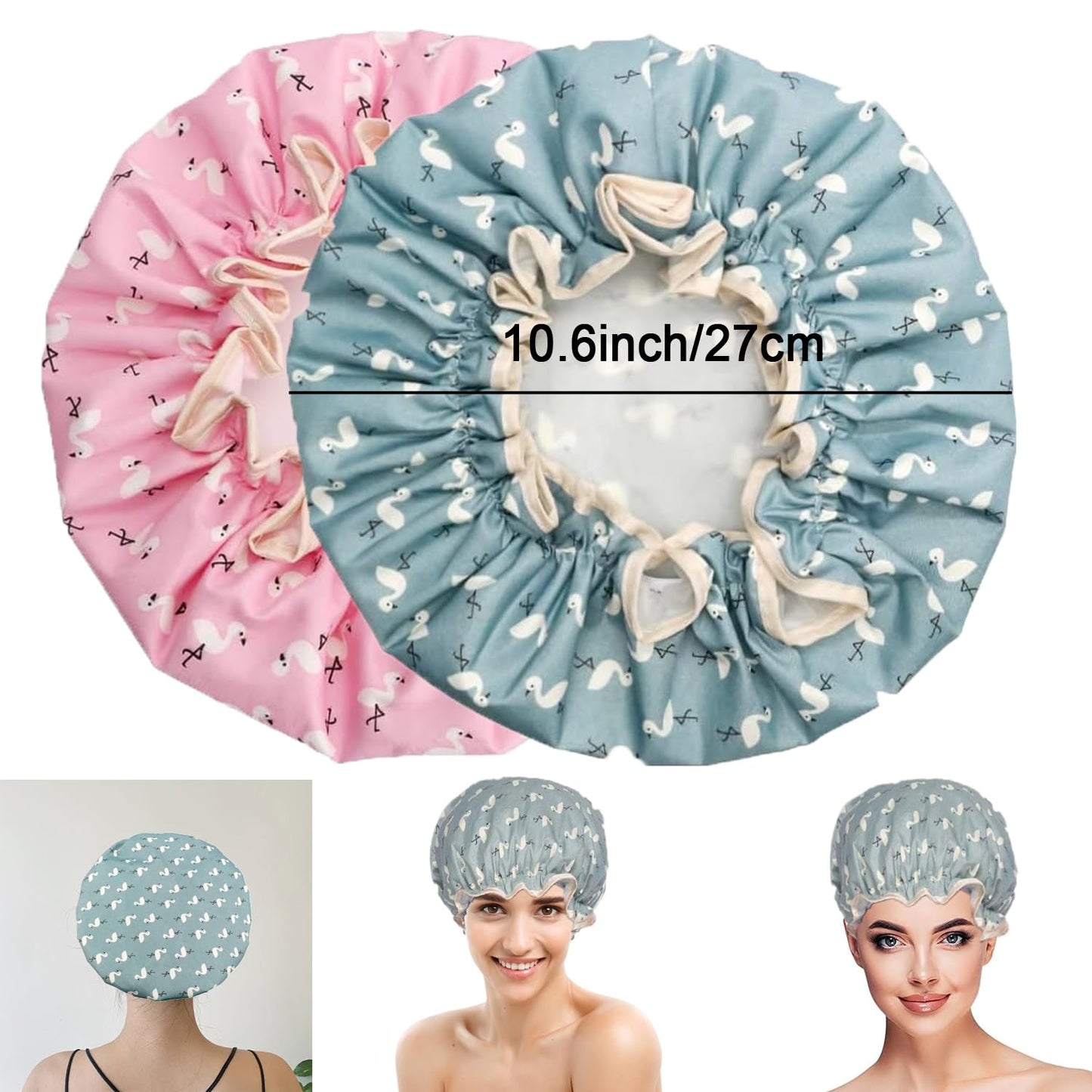 Double Layer Shower Cap for Women Waterproof Reusable Elastic Band, Ruffled Edges Covering Ears for Long, Short & Curly Hair (Blue Bird) Beauty and Personal Care YUNYU