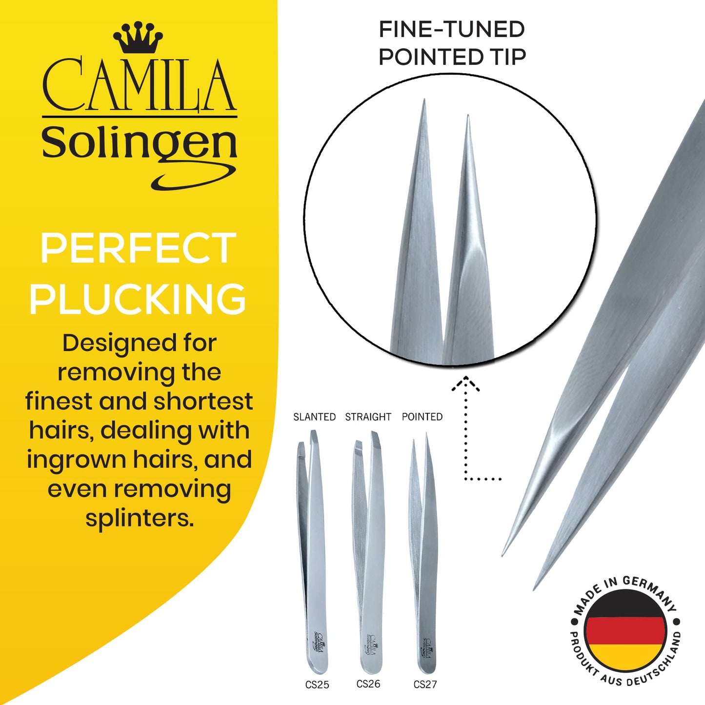 Camila Solingen CS27 4" Professional Surgical Grade Stainless Steel Precision Tip Eyebrow Tweezers for Facial Hair Shaping & Removal. Beauty Tool Beauty and Personal Care Camila Solingen