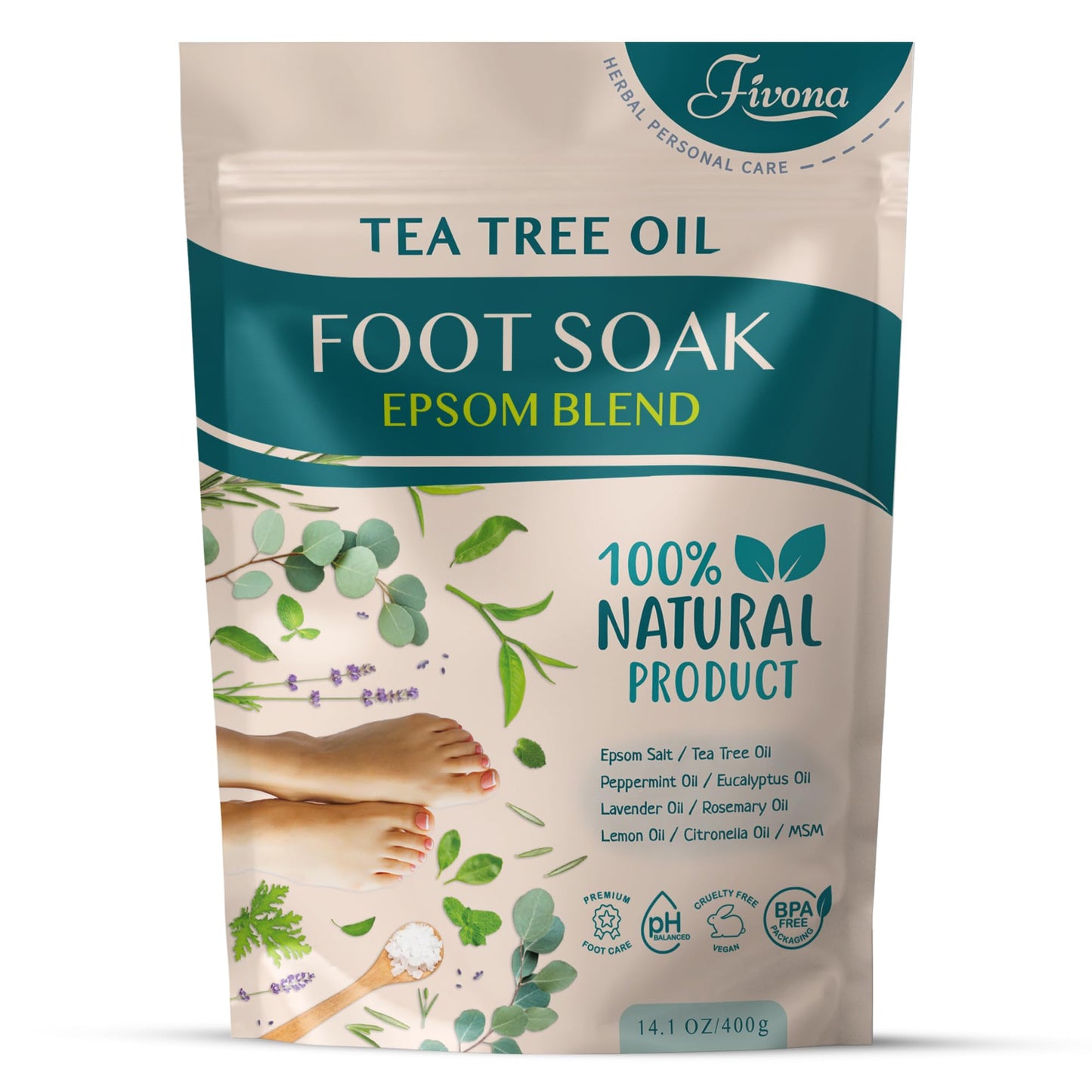 Fivona Tea Tree Foot Soak Blend 14.1 oz - Epsom Salt with Essential Oils for Healthy Toenails, Soothing Relief, Callus Softening - Pedicure Therapy Beauty and Personal Care FIVONA