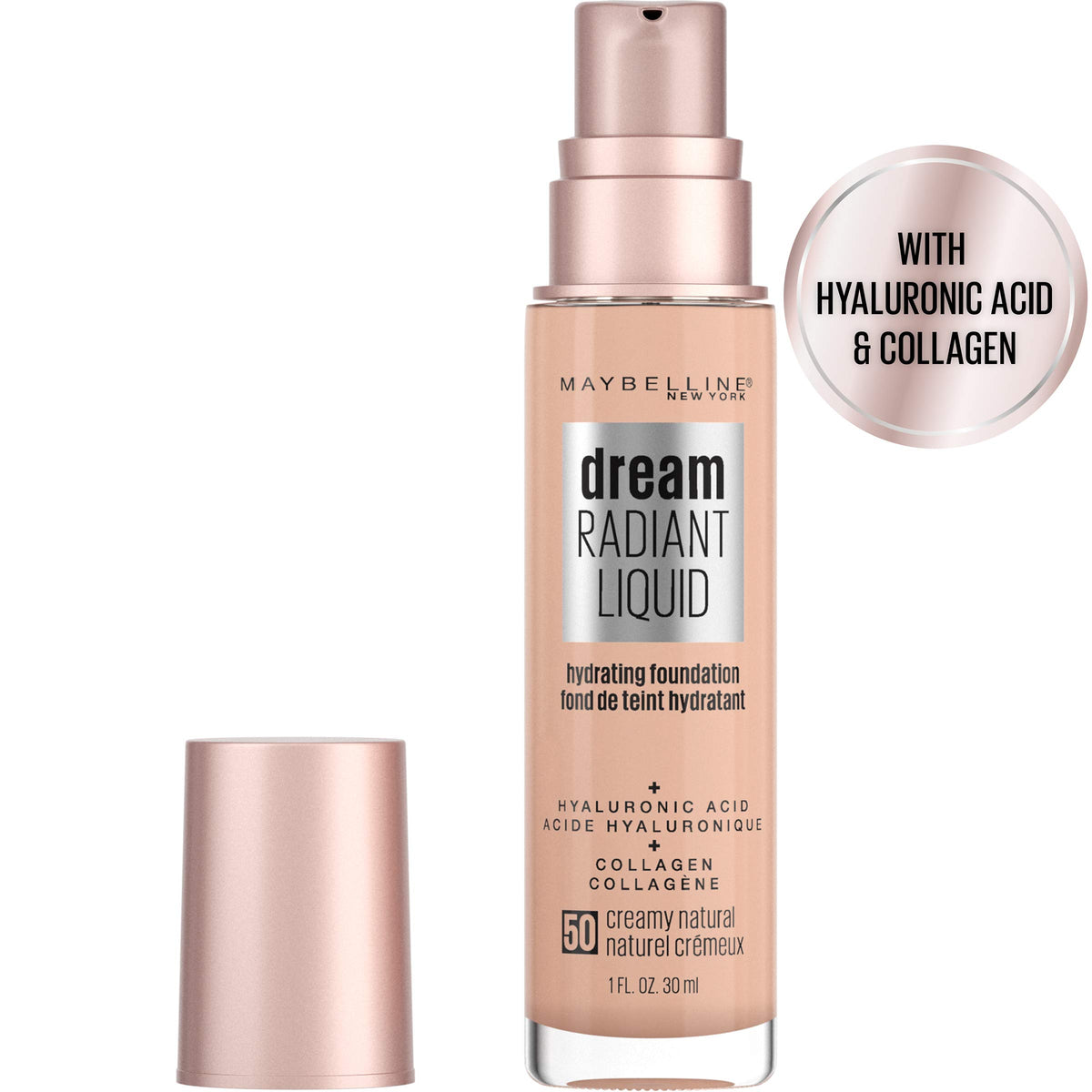 Maybelline Dream Radiant Liquid Medium Coverage Hydrating Makeup, Lightweight Liquid Foundation, Creamy Natural, 1 Count
