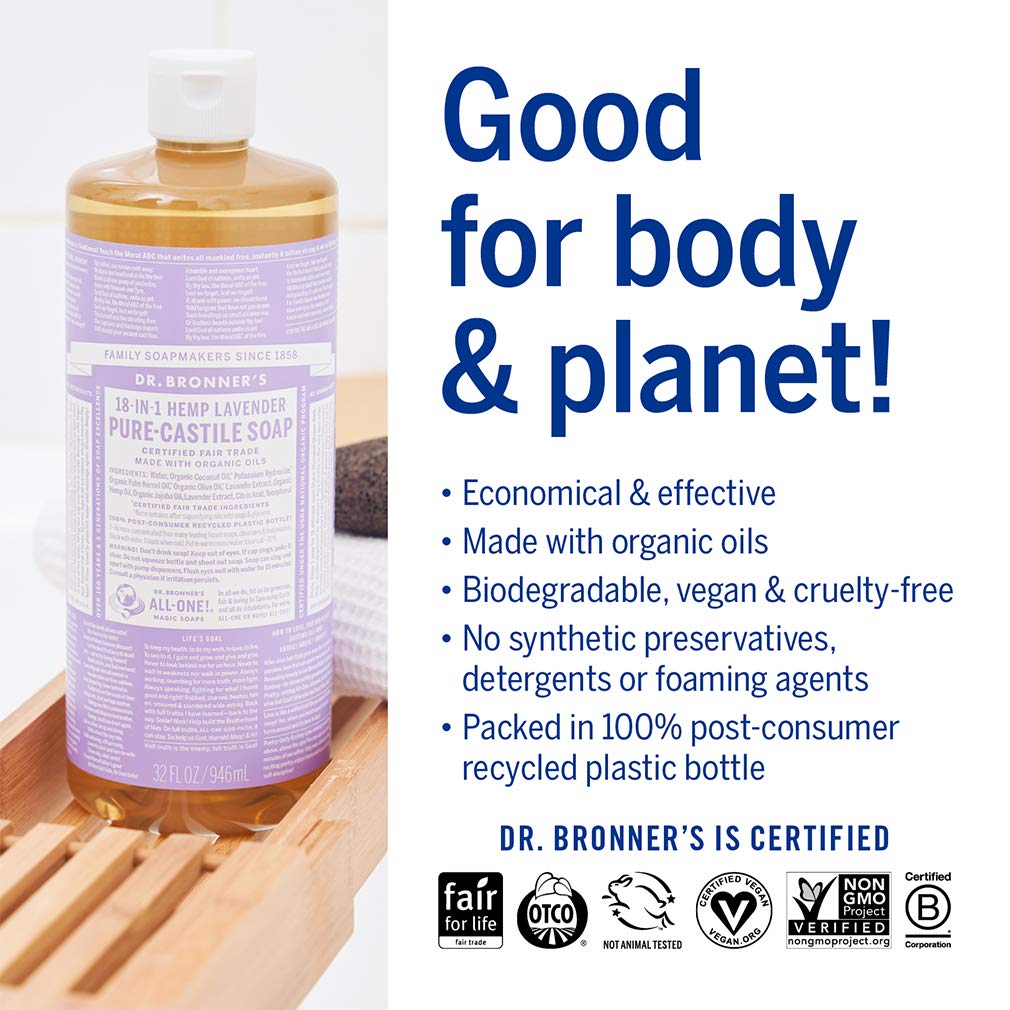 Dr. Bronner's - Pure-Castile Liquid Soap (Lavender, 32 Fl Oz) - Made with Organic Oils, 18-in-1 Uses: Face, Body, Hair, Laundry, Pets and Dishes Beauty & Personal Care Dr. Bronner's