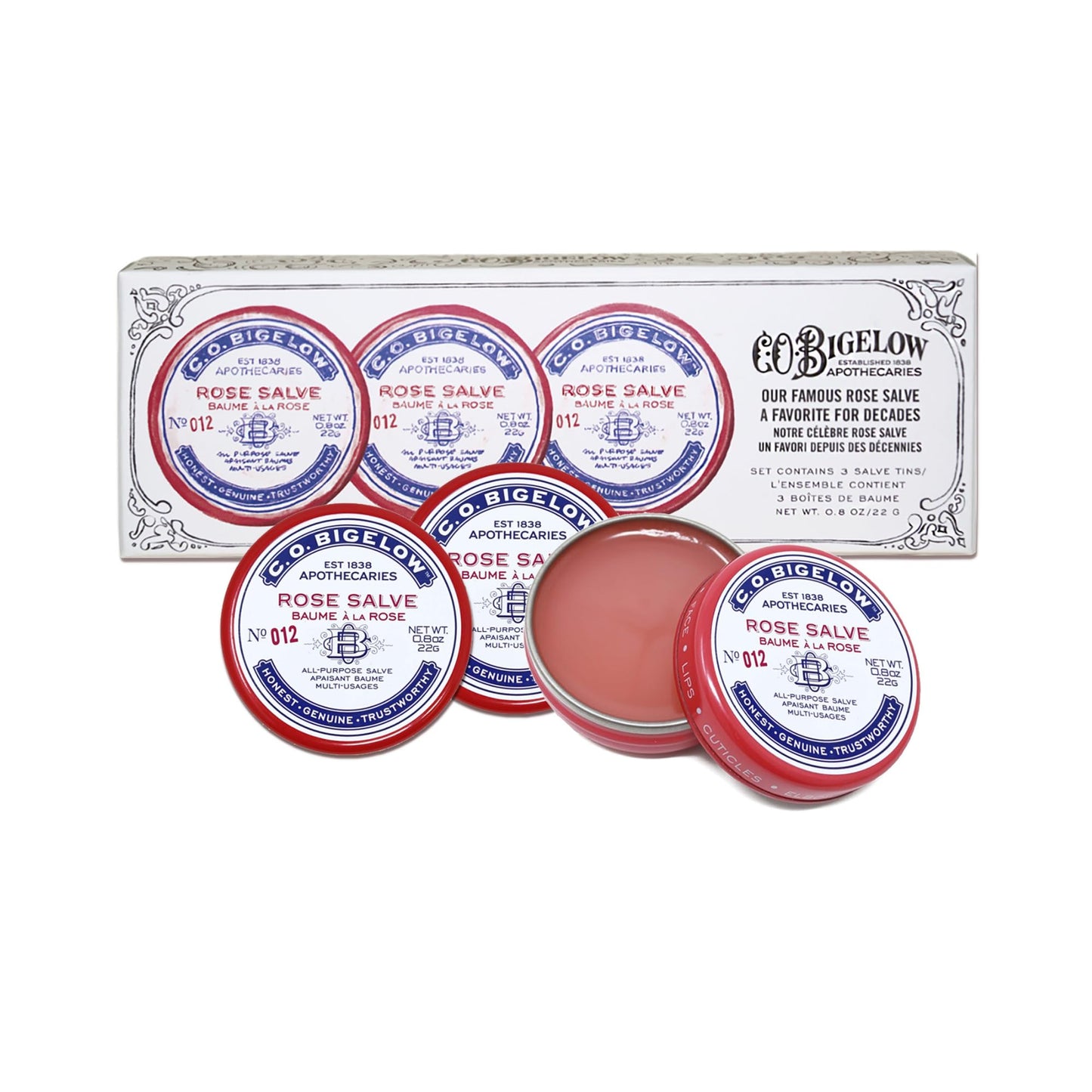 C.O. Bigelow Rose Salve Tins, Pack of 3 Lip Balm Tins, All Purpose Salve for Lips, Cuticles, Hands & Dry Skin, Lip Balm Set, 0.8 oz Beauty & Personal Care C. O. Bigelow