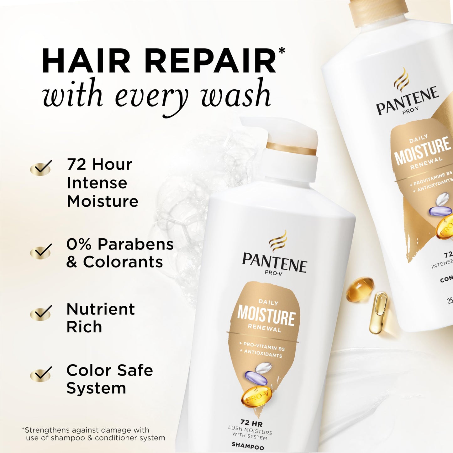 Pantene Shampoo & Conditioner Set, Daily Moisture Renewal - Pro-V Nutrients for Dry, Color-Treated, Straight to Curly Hair, 72-Hour Hydration Beauty & Personal Care Pantene