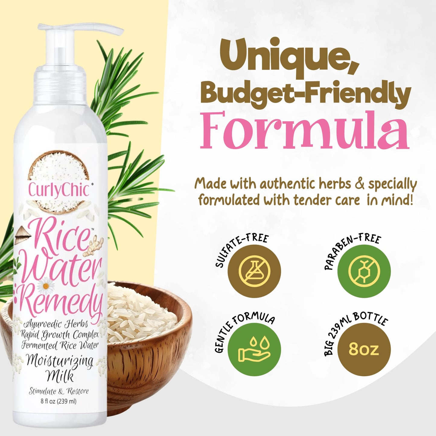 Curly Chic Rice Water Remedy Moisturizing Hair Milk - Hydrates, Detangles & Revives Dry Hair - Ayurvedic Herbs & Fermented Rice Water for Rapid Growth Beauty & Personal Care Curly Chic