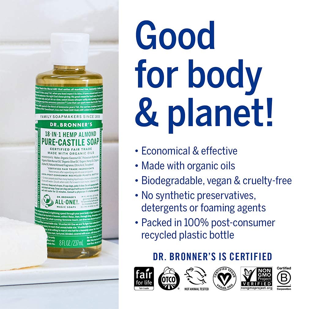Dr. Bronner's - Pure-Castile Liquid Soap (8 oz Variety Pack) Peppermint, Lavender, Almond & Baby Unscented - Made with Organic Oils, 18-in-1 Uses Beauty & Personal Care Dr. Bronner's