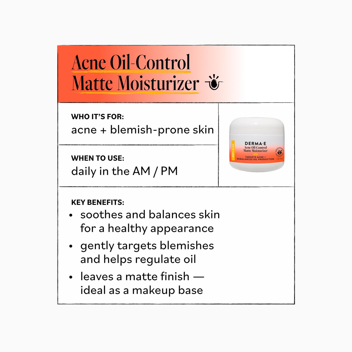 DERMA E Acne Oil Control Face Moisturizer, 2 Oz, Matte Moisturizer with Salicylic Acid, Tea Tree Oil & Aloe Vera, Face Cream Rebalances Sebum Beauty & Personal Care Derma E