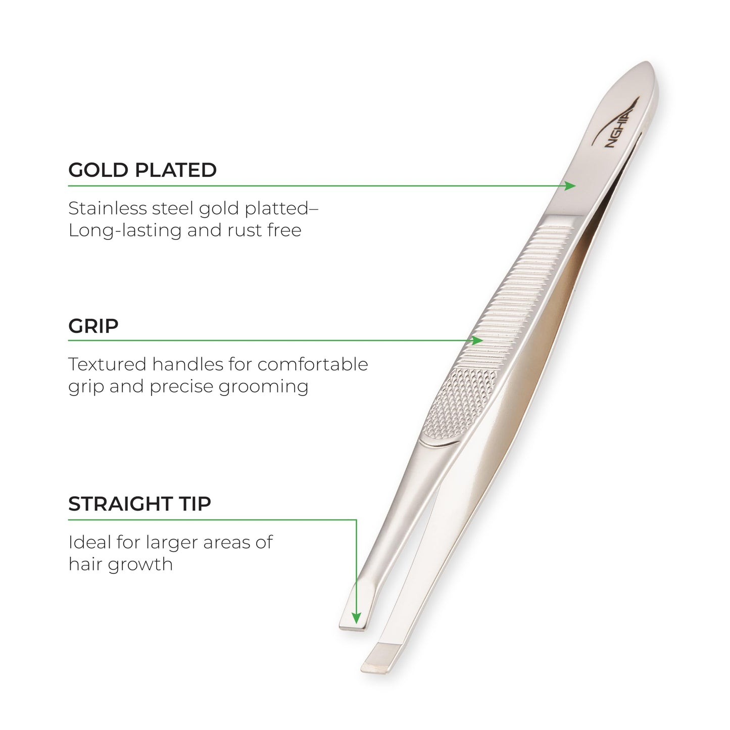 NGHIA Straight Tip Tweezer - N-408 - Gold Plated Stainless Steel - Ergonomic Eyebrow Tweezer for Precision Grooming - Hair Removal - Professional Beauty and Personal Care Nghia