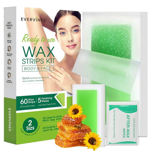 Evervines Facial & Body Wax Strips Kit - 60 PCS (40 Body & 20 Facial) for Hair Removal with 5 Oil Wipes - Removes Lip, Chin, Eyebrows, Bikini, Legs Beauty and Personal Care Evervines