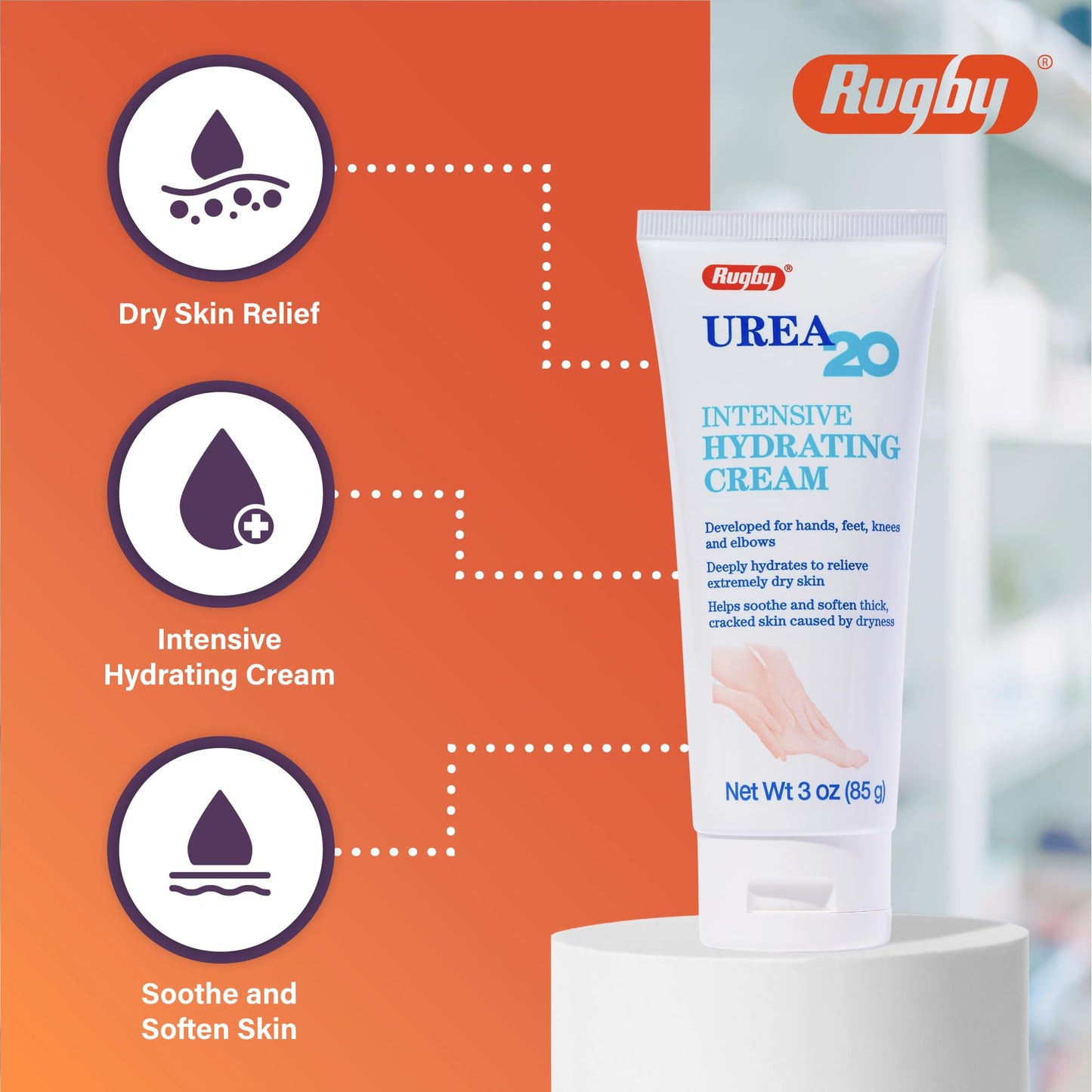 Rugby Urea 20% Intensive Hydrating Cream - Urea Cream for Feet, Hands, Knees, and Elbows - 20% Urea Intensive Strength Cream - 3 Oz Beauty & Personal Care RUGBY LABORATORIES