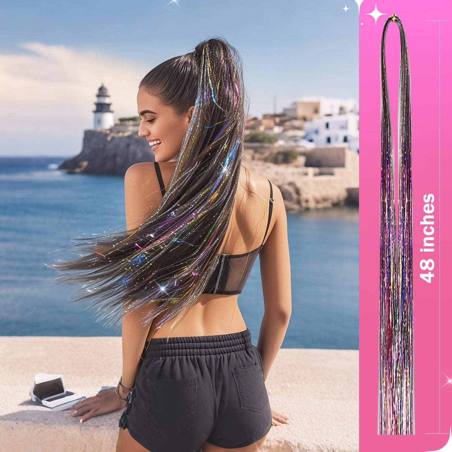 NIACONN Glitter Hair Tinsel Extensions Kit Rainbow Color with Tools and Beads, 48 Inch Sparkly Fairy Colorful Tensile Strands Shiny Hair Accessories Beauty and Personal Care NIACONN