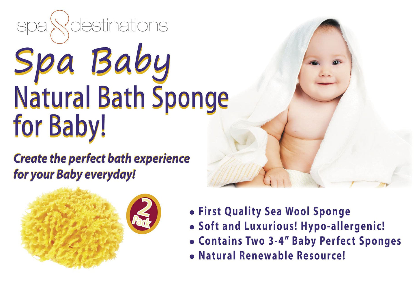 Spa Baby Natural Bath Sponge Spa Destinations. Ultra Soft Premium Sea Wool Sponge, Biodegradable, Bath Accessories Baby and Kids, Infant Bath. Two (2) Beauty and Personal Care Spa Destinations