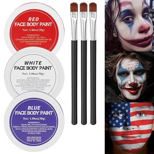 White Red Blue Face Body Paint,Halloween Clown Makeup Kit with 3 Brushes,Professional Red White Blue Face Body Painting Kit for Clown, Joker, Theater Beauty & Personal Care Js2U ZW
